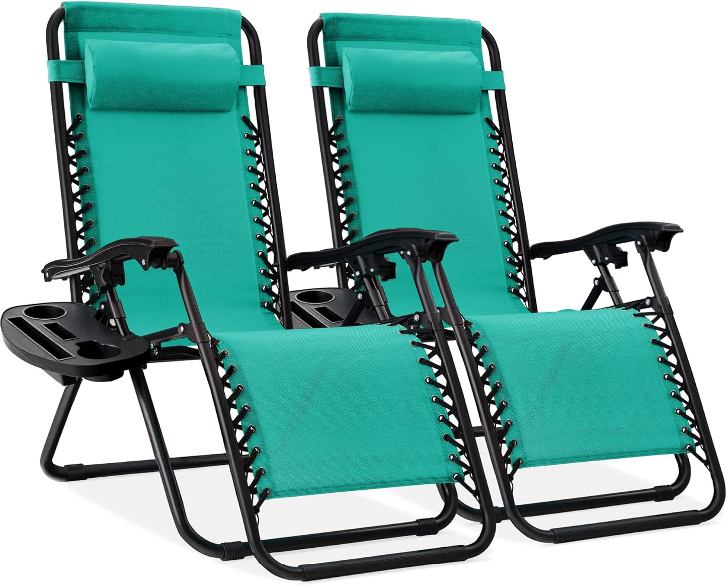 Best Choice Products Set of 2 Adjustable Steel Mesh Zero Gravity Lounge Chair Recliners w/Pillows and Cup Holder Trays - Gray