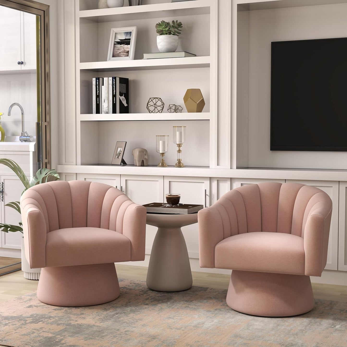 Swivel Accent Chair,Upholstered Velvet 360° Swivel Barrel Chair for Living Room Overstuffed Bouncle Reading Chair Round Armchair for Bedroom,Vanity,Office(Pink)
