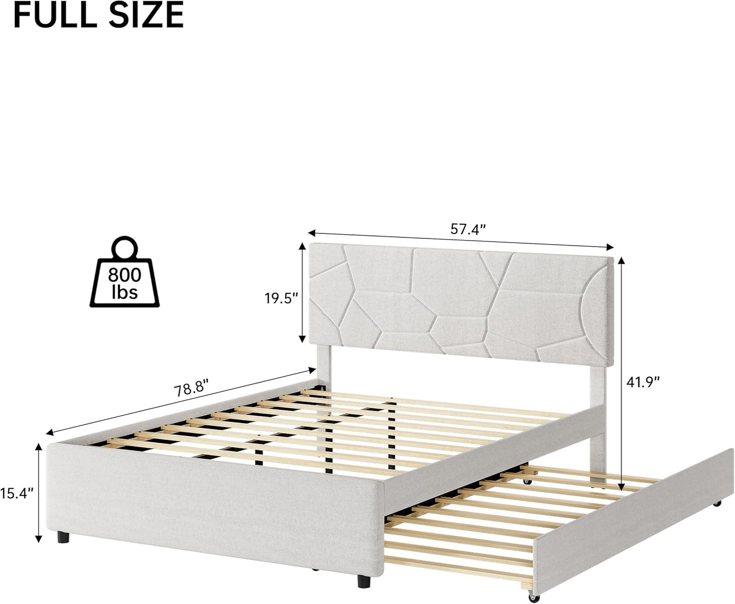 Trundle Bed Twin, Full Size Upholstered Platform Bed Frame, Pull Out Bed with Headboard, Wood Slat Support, for Bedroom, Living Room, Guest Room