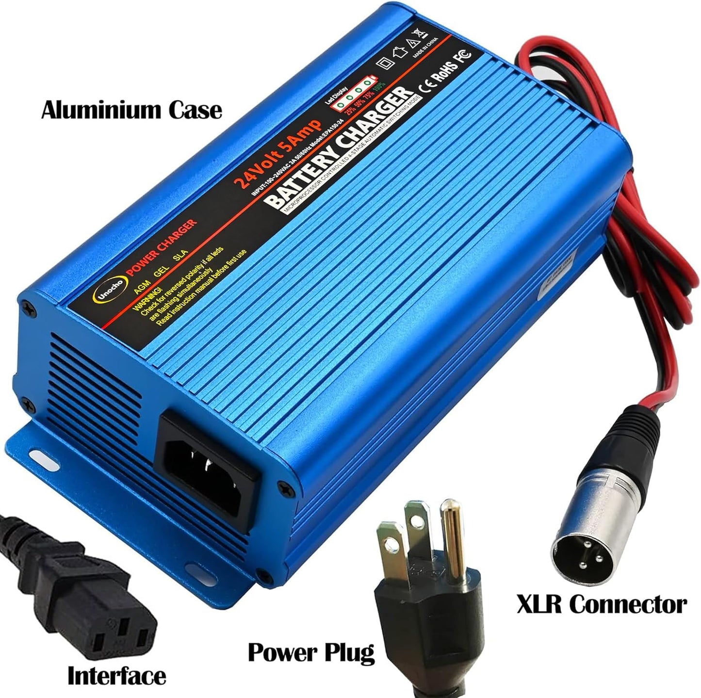 24V Battery Charger Automatic Smart Charger 5A trickle Charger and I/O Switch 3 pin XLR Connector for Charging AGM Gel Lead-Acid Batteries for Cars wheelchairs Boats