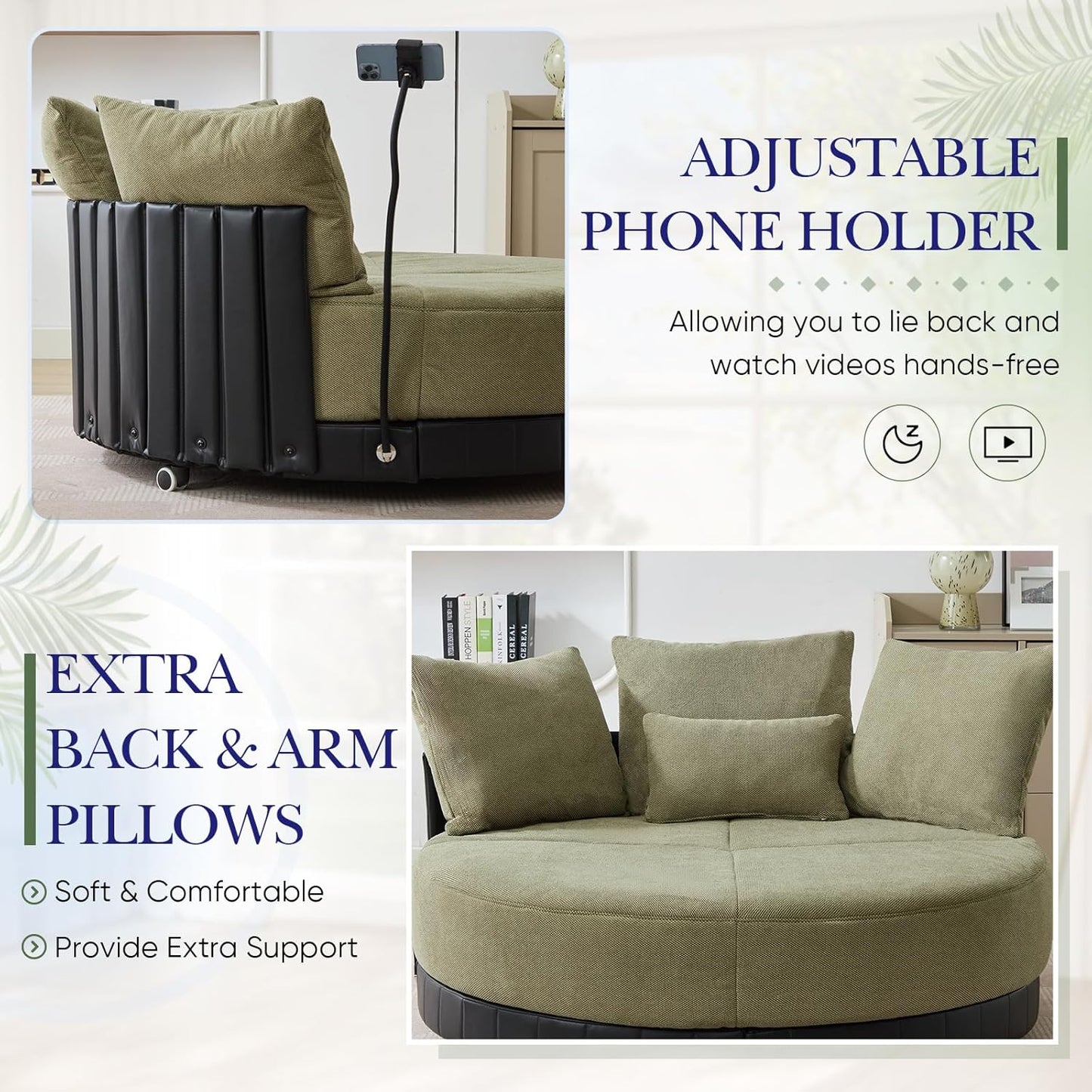 SLEERWAY Oversized Round Swivel Accent Chair, Large Circle Barrel Chair and A Half, Comfy Upholstered Lazy Sofa Couch with Phone Stand/Wheels, Chaise Lounge Daybed for Living Room, Bedroom, Green