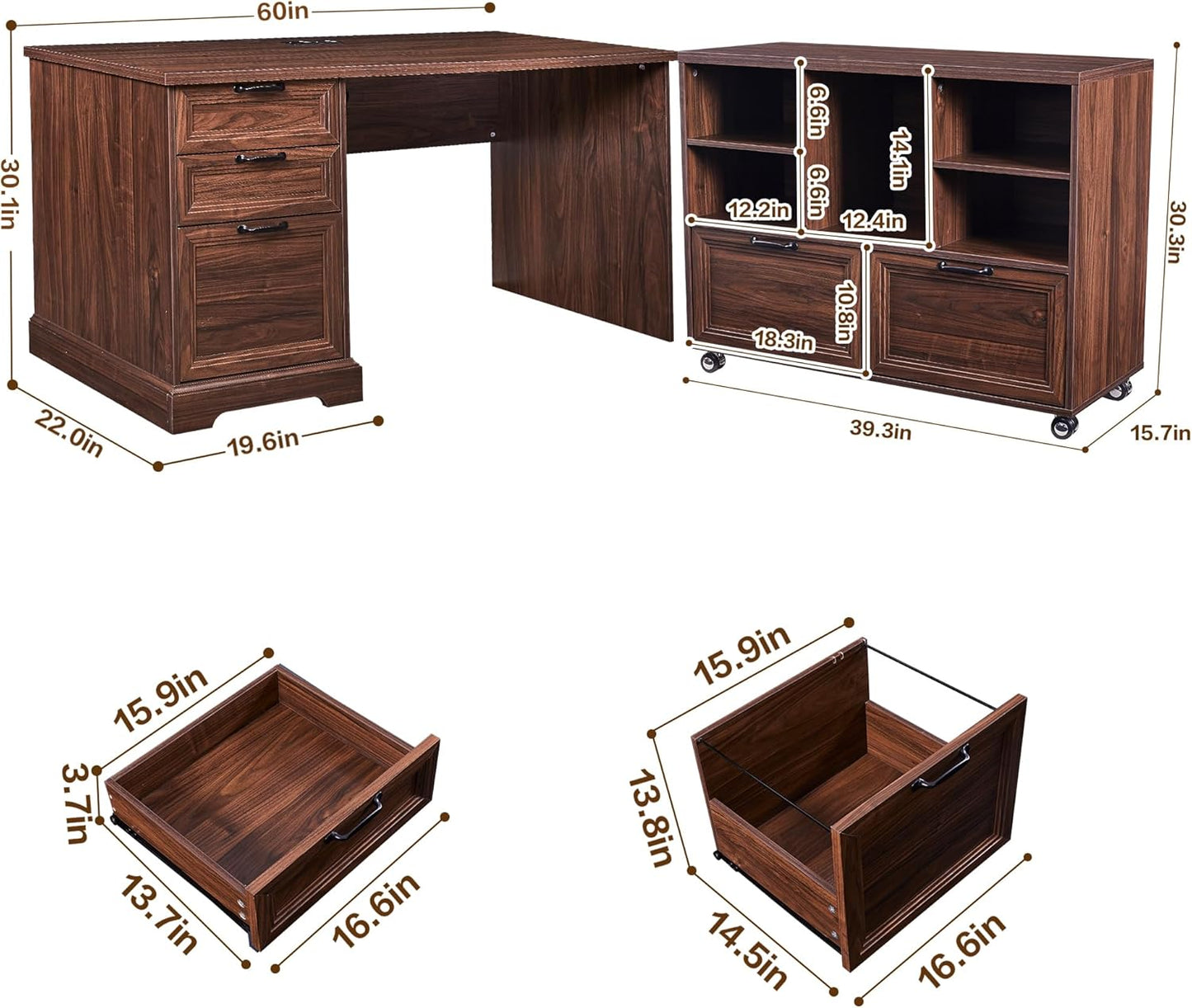 60" L-Shaped Executive Desk with 40" File Cabinet,Farmhouse Home Office Desk with Charging Station,Wood Computer Desk Set for Office Work,Home Study (Brown)
