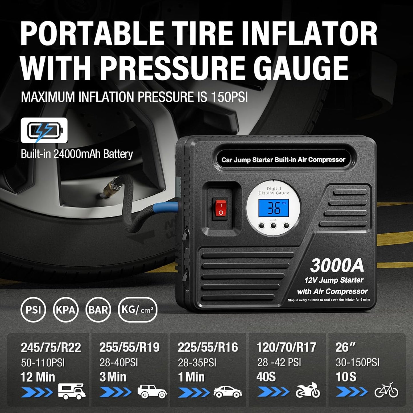3000Amp Car Jump Starter with Air Compressor, 150PSI Tire Inflator with Digital Screen Pressure Gauge, 24000mAh 12V Auto Battery Booster (9.0L Gas/ 8.5LDiesel Engine), 2 USB Port 2 Light