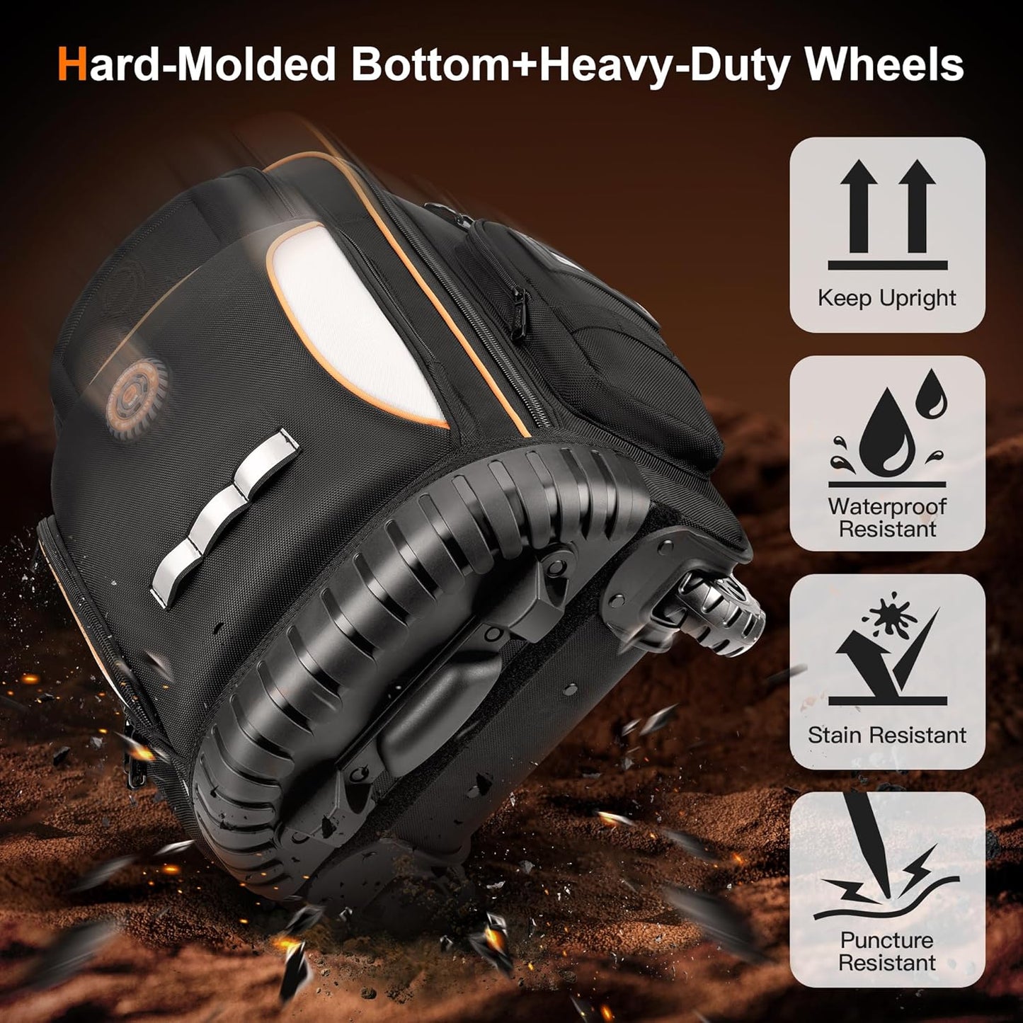 Backpack Tool Bag with Wheel, Rolling Tool Backpack for Electrician Heavy Duty Roller Tool Bag on Wheel for Construction Work, 75 Pockets & Loops Tool Backpack with Molded Base and Combination Lock