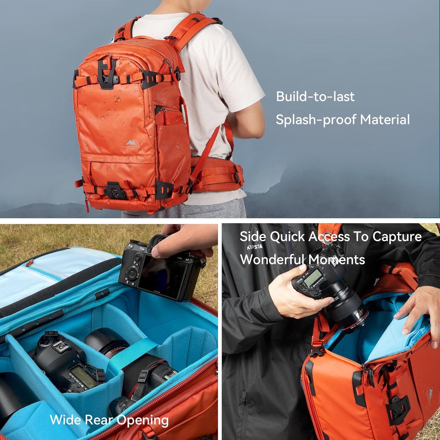 Tenzing 25L Camera Backpack with Rain Cover for Photographers 14 inch Laptop Compartment Waterproof Large Camera Bag for Drone,Cameras, Batteries, Lenses,Tripod(Orange)