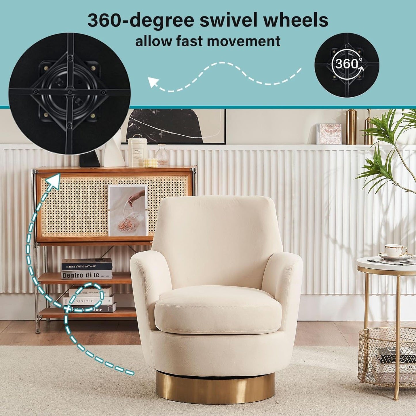 360° Swivel Barrel Chair Set of 2, 28.3" W Comfy Velvet Swivel Accent Chairs, Modern Round Single Accent Chair with Gold Metal Base for Living Room, Bedroom, Office (Beige*2)