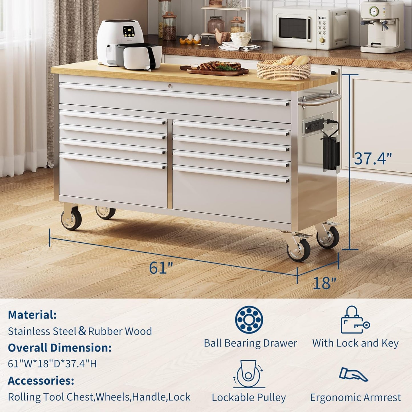 61 Inch Tool Chest, Tool Cabinet with 9 Drawers, Mobile Storage Cabinet with Locking System, Stainless Steel Material and Sturdy Structure, High Capacity for Home Workshop Kitchen and Garage.