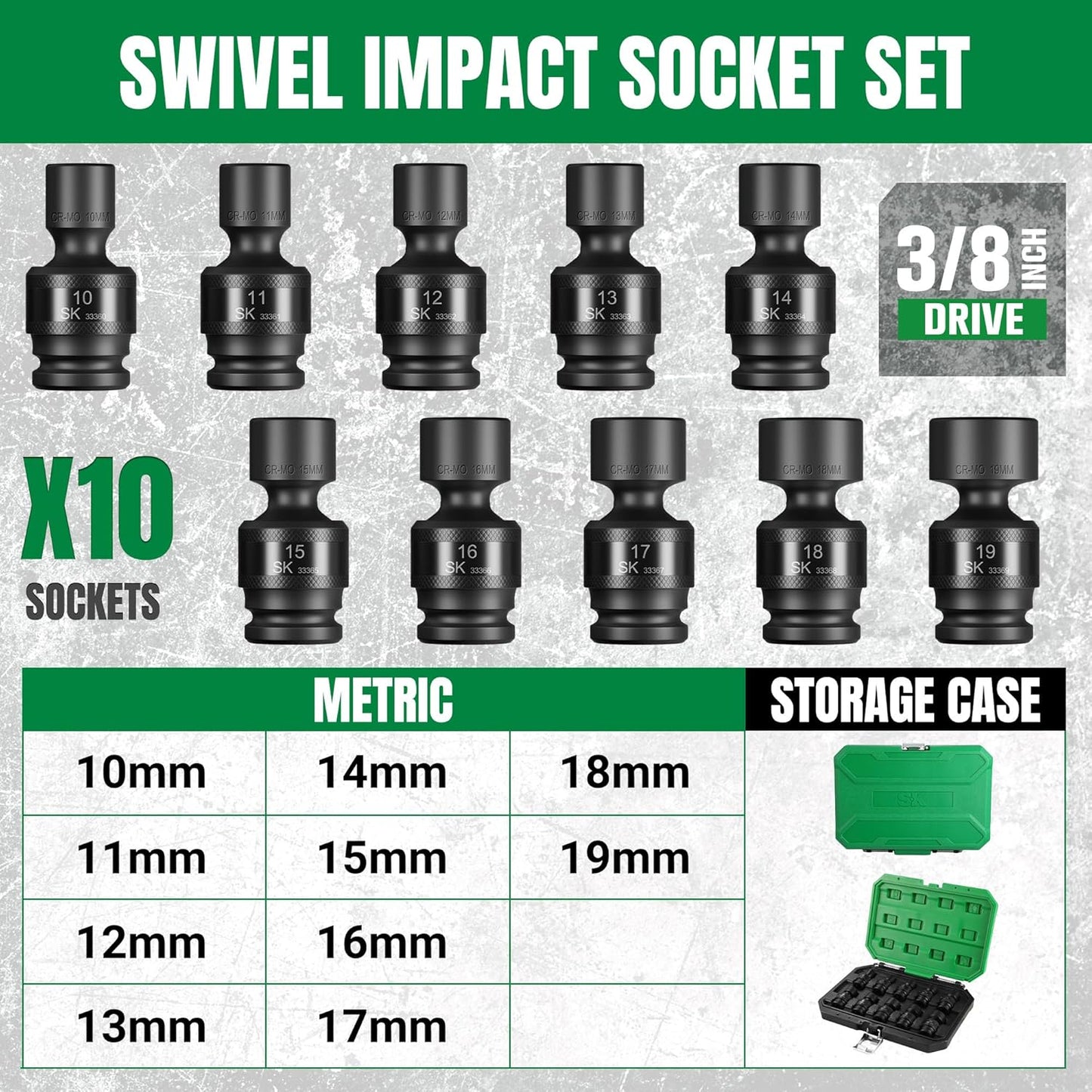 SK 3/8" Drive Universal Swivel Impact Socket Set, Metric Socket Set, 10-Piece, Premium CR-MO Steel, SureGrip 6 Point Design, with Storage Case
