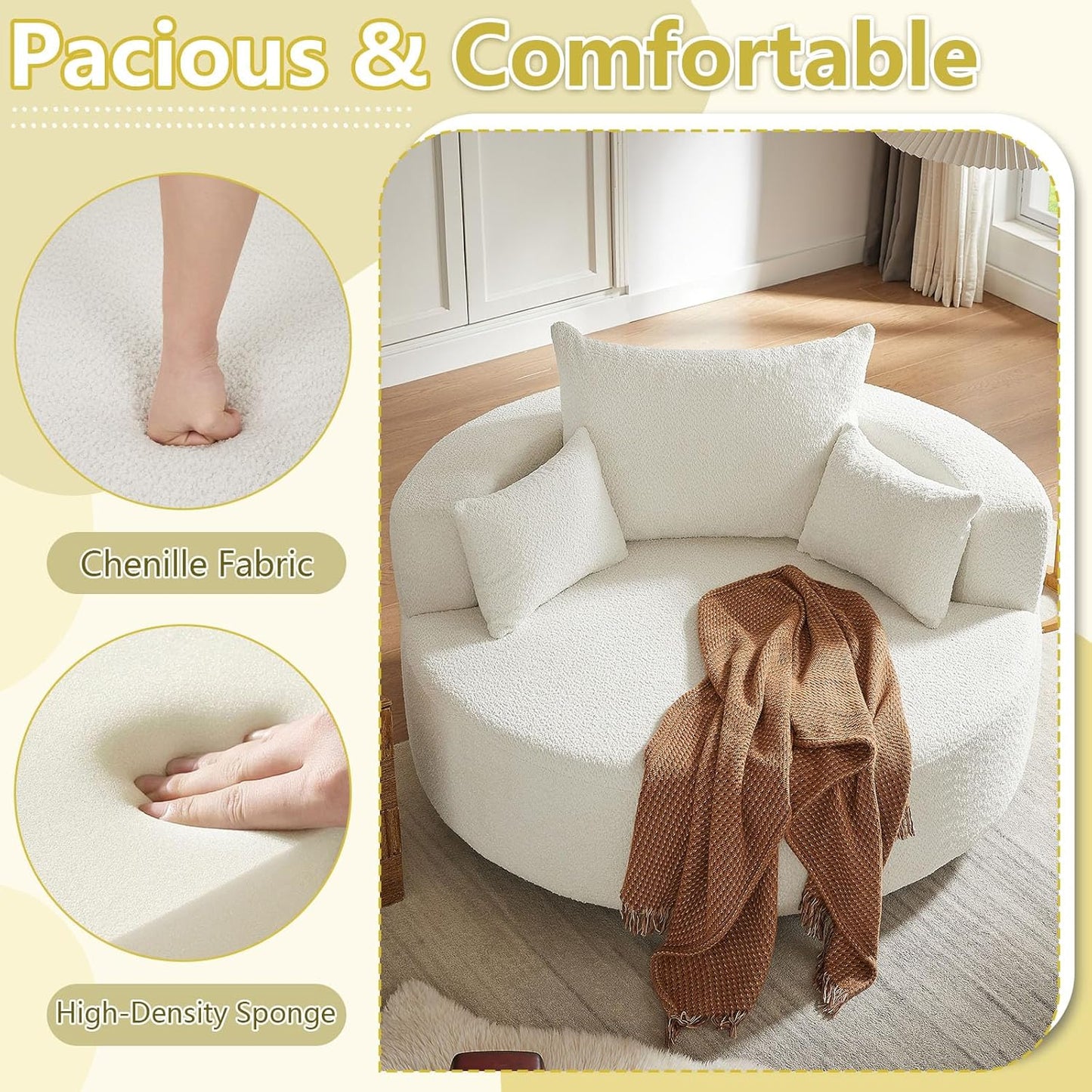 55" Oversized Round Swivel Chaise Longue Chair Indoor, Modern 360 Degree Swivel Upholstered Chenille Deep Seat Circle Comfy Single Cloud Sofa Chair for Living Room Bedroom Apartment Office, Beige