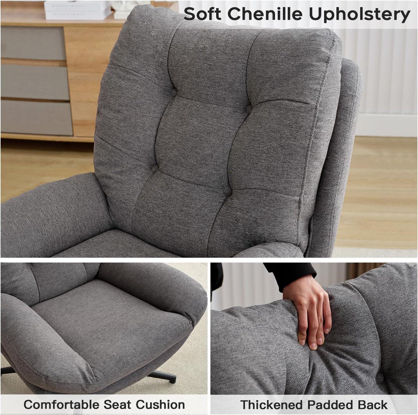 Swivel Accent Chair with Ottoman Set, TV Lounge Chair with 360 Degree Swiveling,Tilting for Living Room, Chenille Comfy Reading Chair with 23" High Back for Bedroom, Modern Armchair with Footrest,Grey