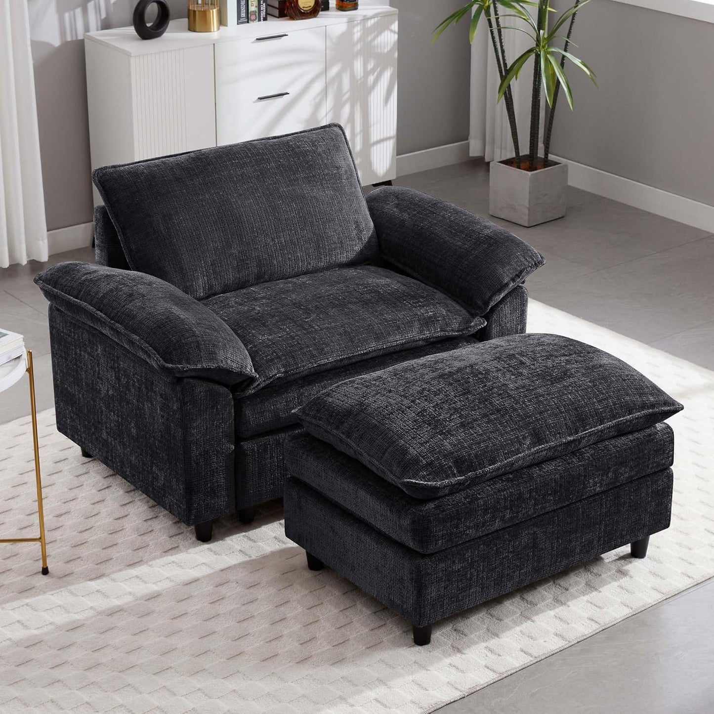 51.9" Orange Oversized Cloud Accent Chair with Ottoman, Modern Chaise Lounge Chair Indoor, Comfy Chenille Single Sofa Couch Chair for Living Room Apartment Office