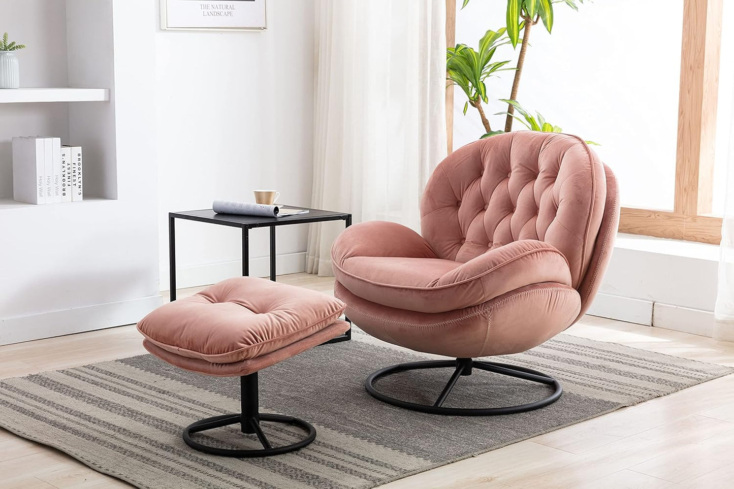 Baysitone Accent Chair with Ottoman,360 Degree Swivel Velvet Accent Chair, Lounge Armchair with Metal Base Frame for Living Room, Bedroom, Reading Room, Home Office (Gray)