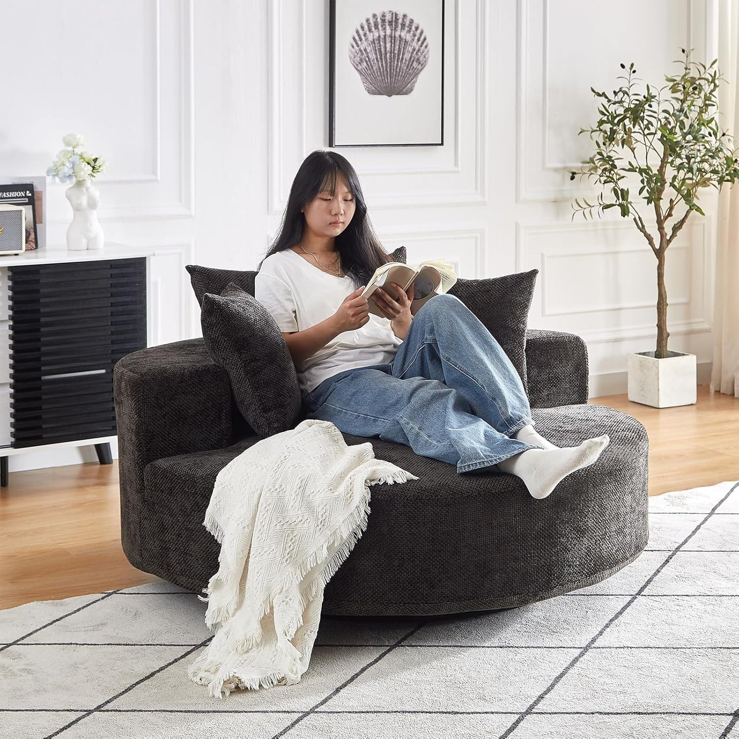 55 inch 360° Swivel Accent Chair, Chaise Lounge Chair Indoor Oversized Round Swivel Accent Chair Modern Corduroy Single Sofa Chair Deep Seat Chair for Living Room Bedroom Apartment, Grey