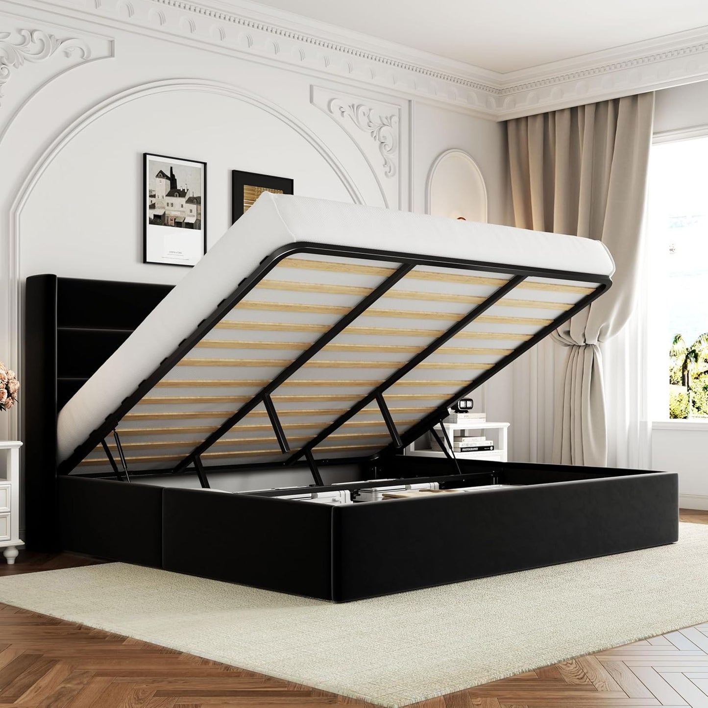 Allewie King Size Lift Up Storage Bed, Modern Wingback Headboard, Hydraulic Support, No Box Spring Needed, Light Beige