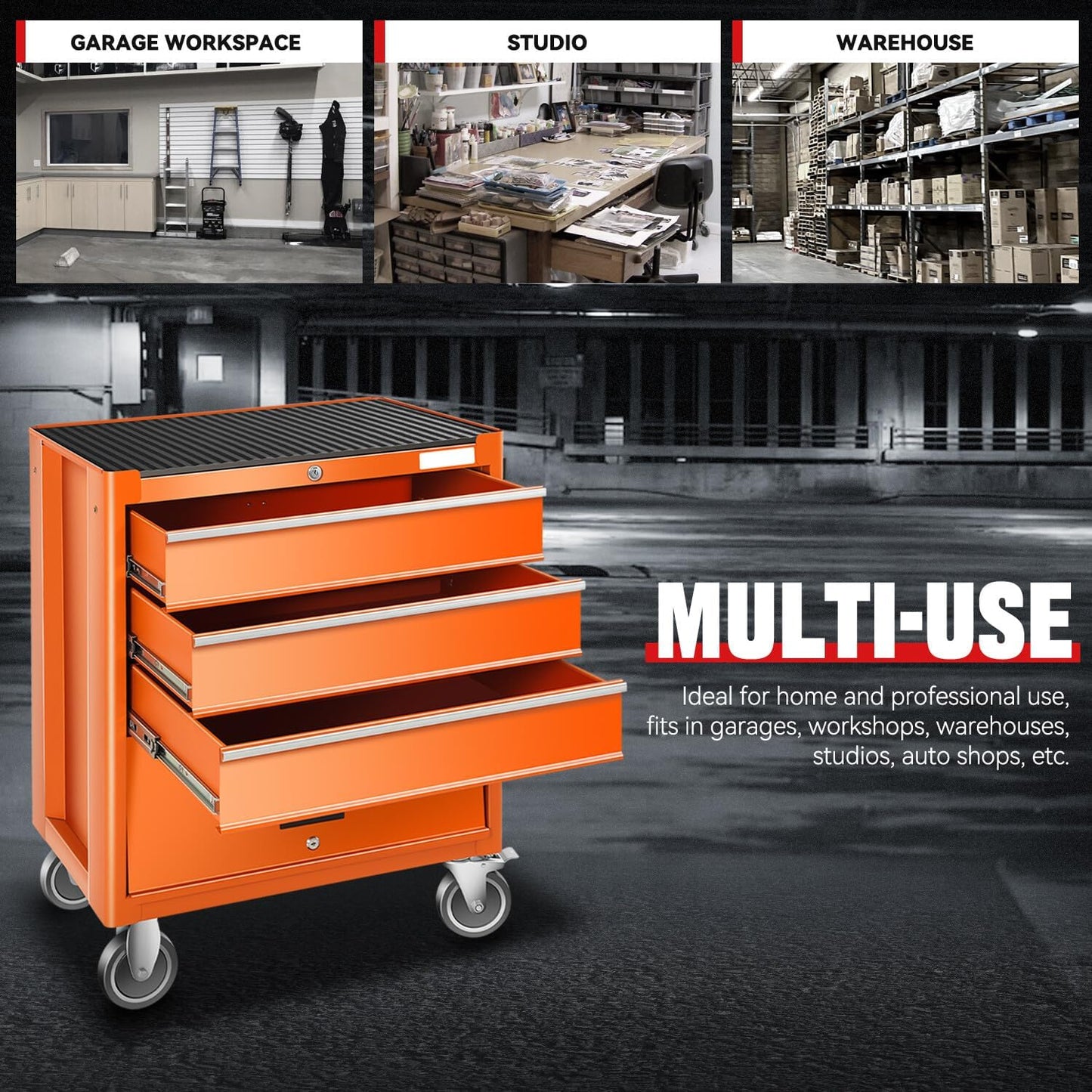 Auto Dynasty 3-Drawer Rolling Tool Cabinet, Roller Cart Tool Cabinet Storage Chest Box with Wheels and Key Lock for Garage Warehouse Workshop, Orange