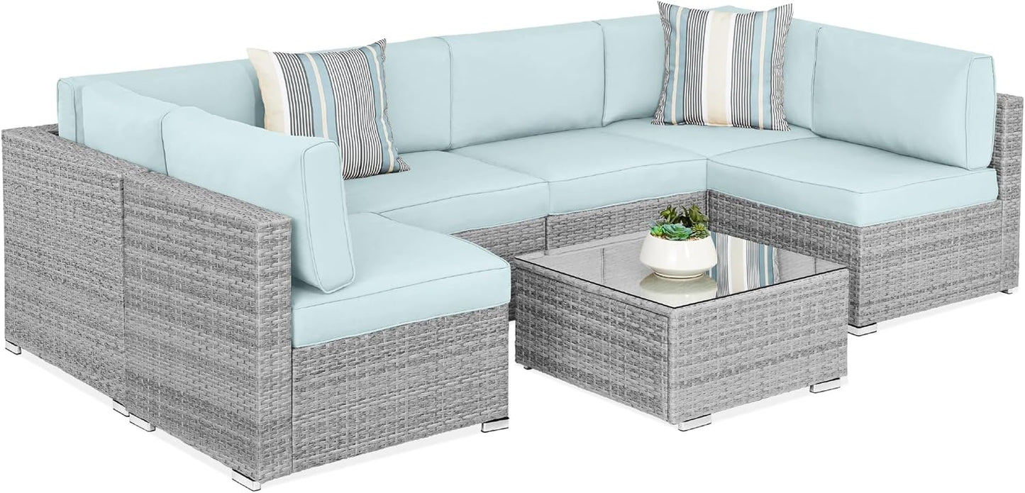 Best Choice Products 7-Piece Modular Outdoor Sectional Wicker Patio Conversation Set w/ 2 Pillows, Coffee Table, Cover Included - Gray/Gray