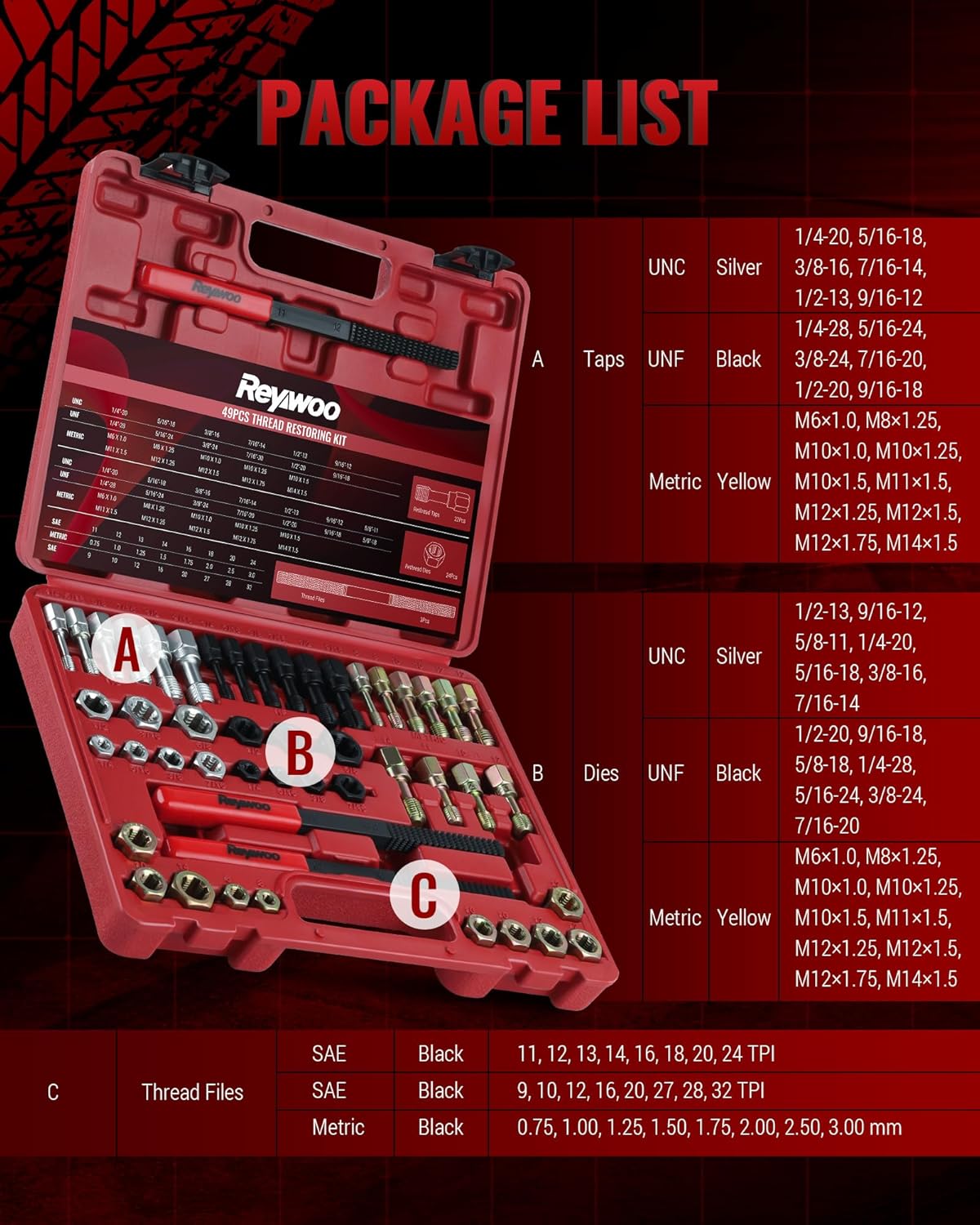 49 PC Thread Chaser Set, Metric and SAE Thread Restorer Tool with 22 Taps 24 Dies 3 Thread Files, Master Thread Cleaner Rethreading Kit in UNC UNF Metric Sizes