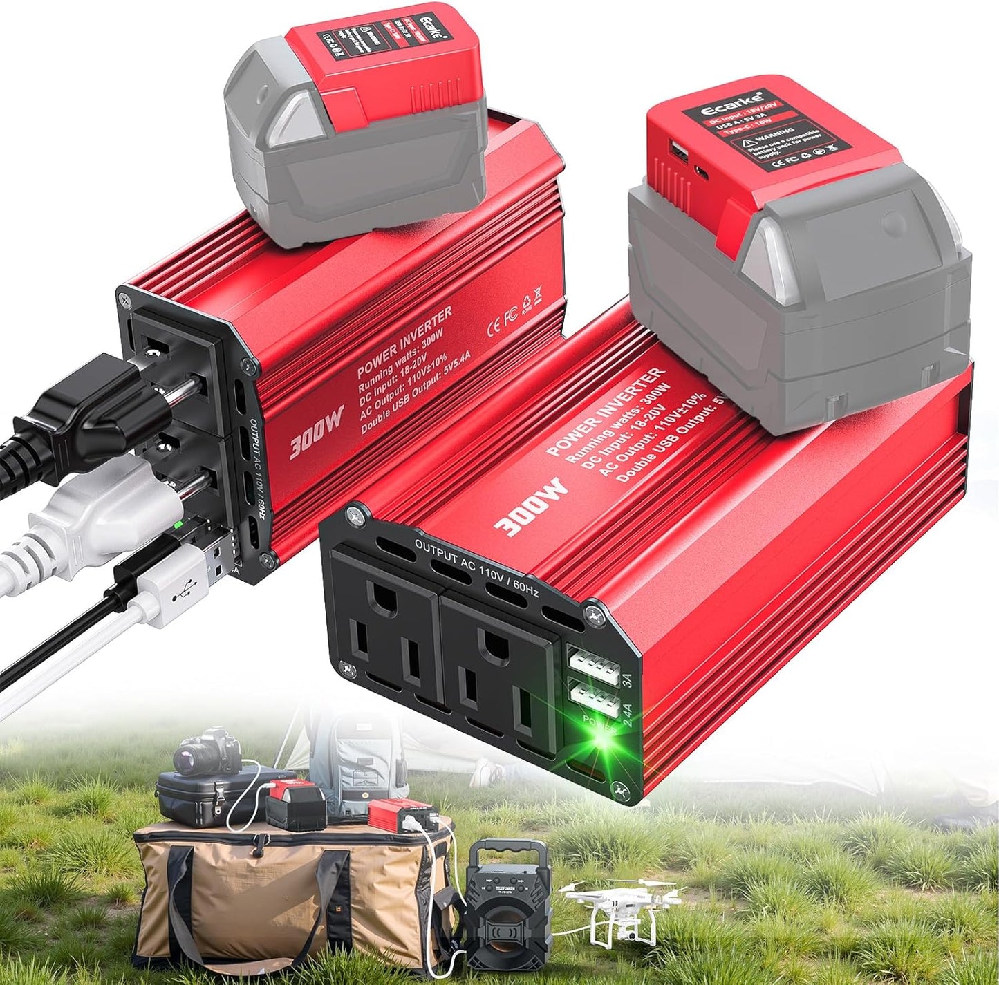 350W Power Inverter Compatible with DeWalt 20V Batteries: Ecarke Portable Power Outlet 2 AC Outlets 2 USB Phone Charger 2 Type-C, Generator DC 18V to AC 110V - Battery Adapter LED Light RGB Light
