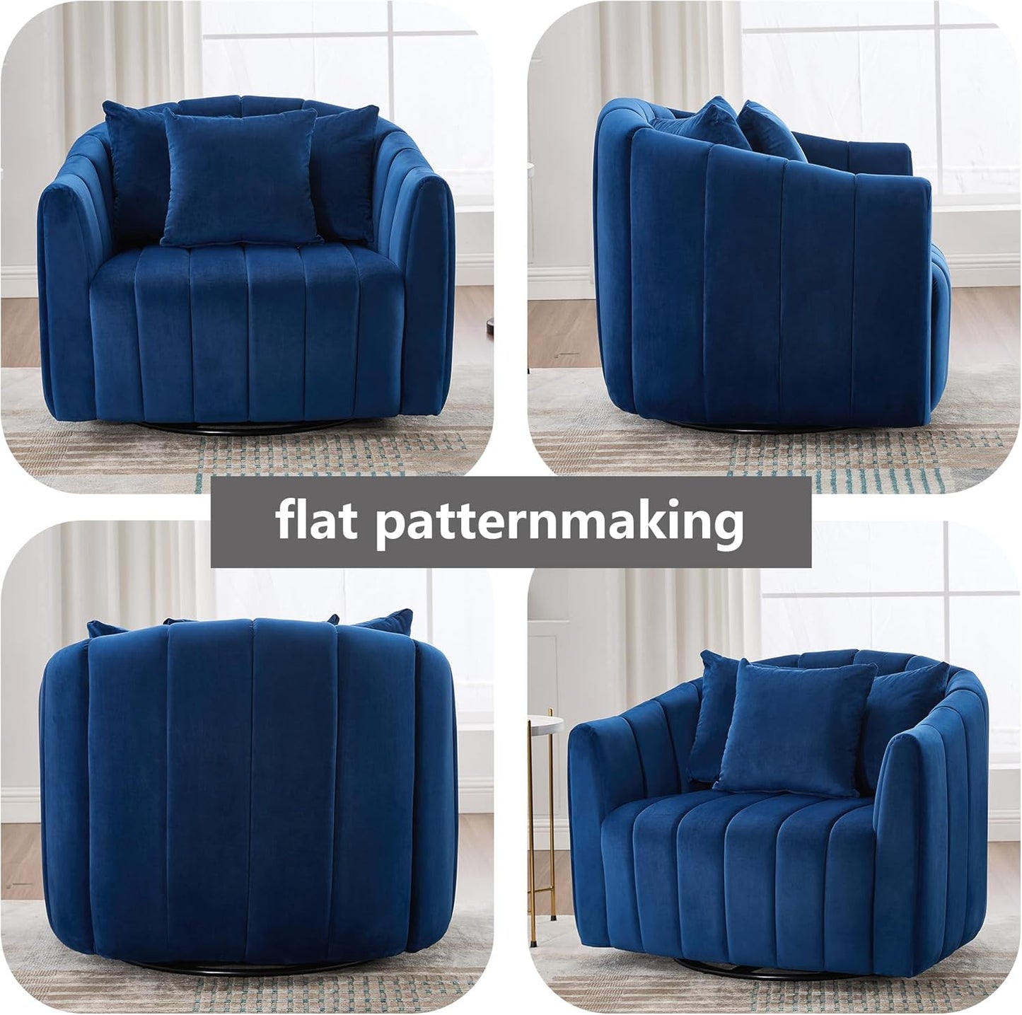 40.35" Oversized Swivel Accent Chairs Navy, with 3 Pillows Velvet Swivel Chairs for Living Room,Modern Barrel Chair