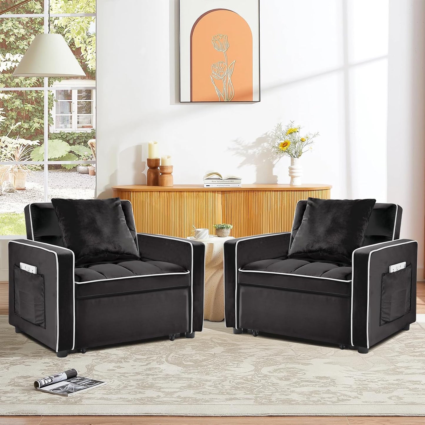 3 in 1 Single Convertible Sleeper Sofa Chair, 35.4" Pull Out Sofa Bed with Adjustable Backrest, Modern Chaise Lounge with Storage, Sleeper Chair Bed with Pillow for Living Room (1, Black)