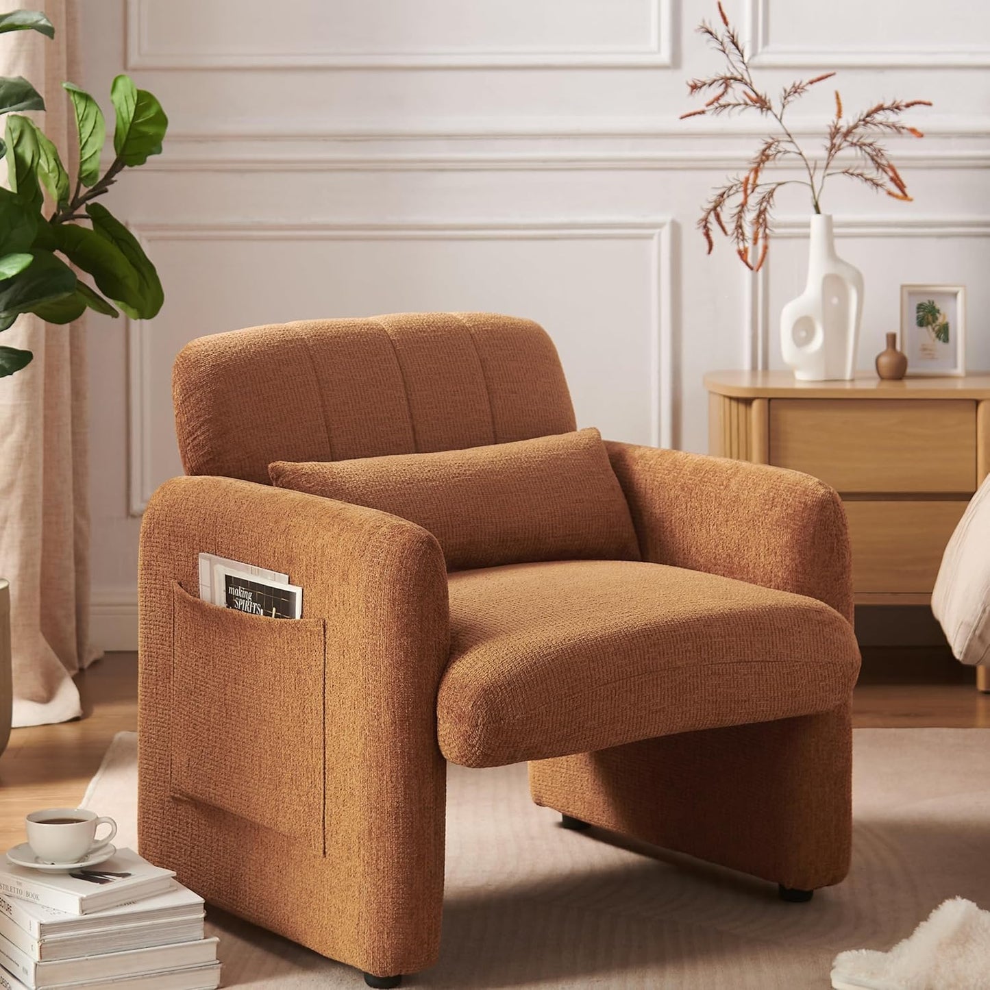 VKNOW Accent Chair Living Room Chair, Modern Fabric Chenille Armed Chair, Comfy Upholstered Armchair with Support Pillow for Living Room Bedroom Office, Light Brown