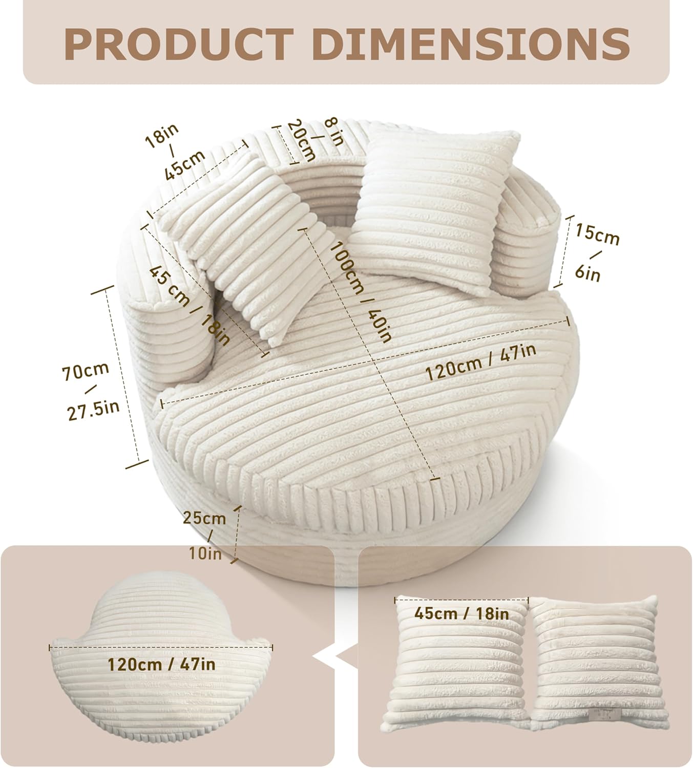 47" Round Chaise Lounge Chair Indoor for Adults, Corduroy Boneless Oversized Chair for Living Room Comfy Bean Bag Sofa