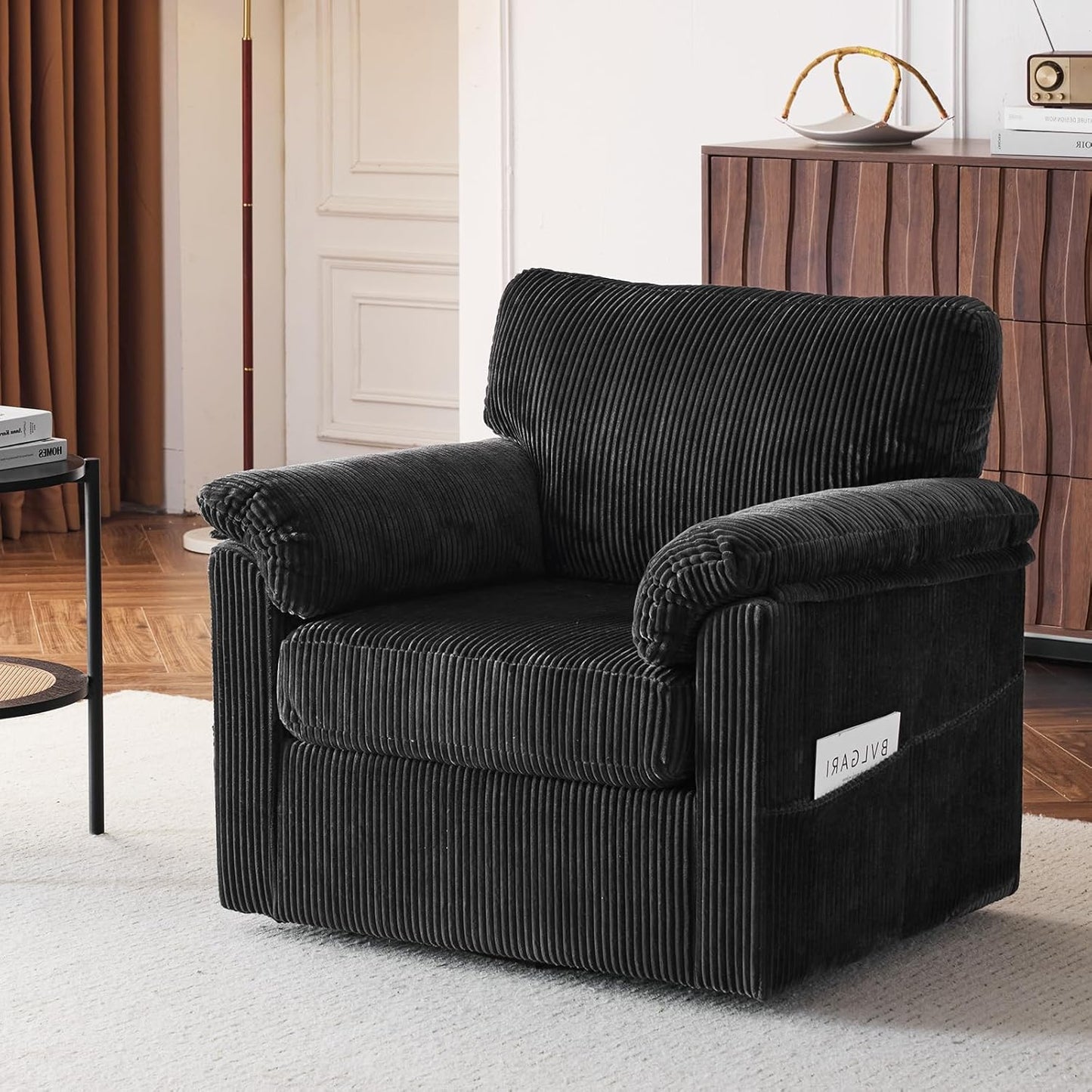 Accent Chair Set of 2, White Corduroy | Compact 360° Swivel for Small Spaces, Plush Deep-Cushioned Reading Chair