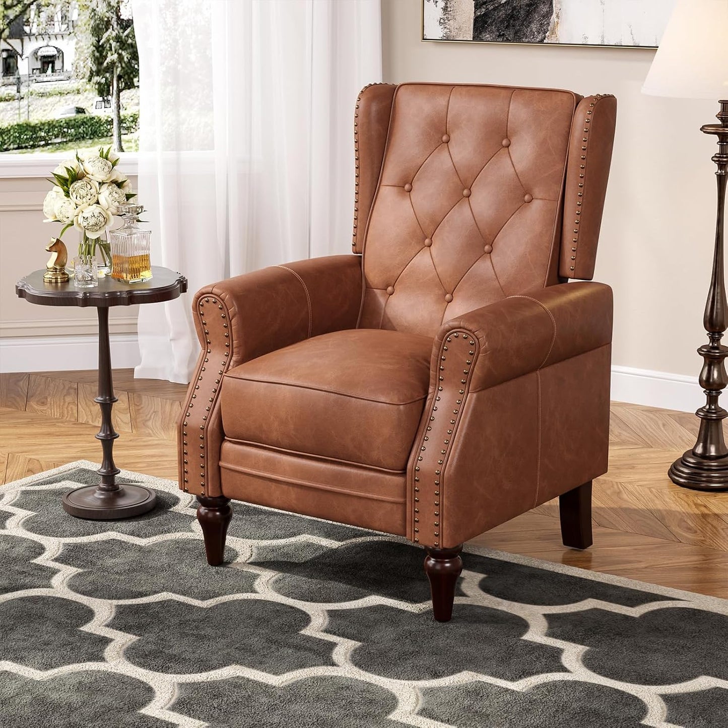 Small Recliner Chair, Modern Faux Leather Living Room Chairs with Tufted Buttons and Metal Rivets, Wingback Recliner with Wooden Legs, Comfy Pushback Arm Chair for Living Room, Bedroom, Matt Brown