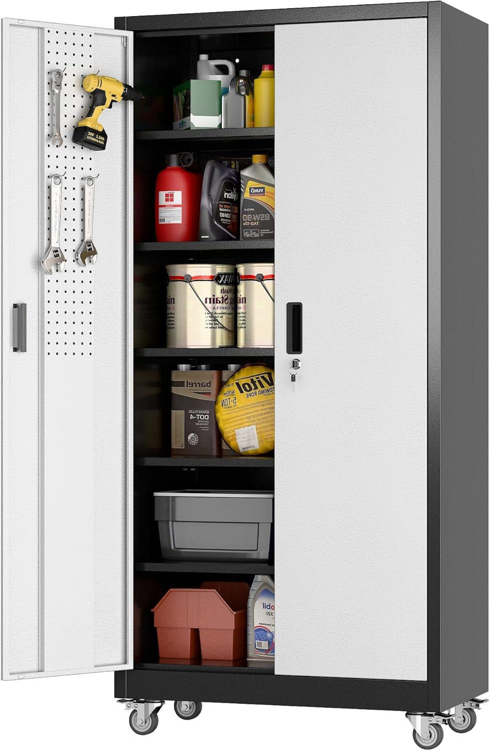 Aobabo Garage Storage Cabinet with Door Pegboard,Lockable Metal Storage Cabinet with 5 Adjustable Shelves for Garage Home,Required Assembly,Black