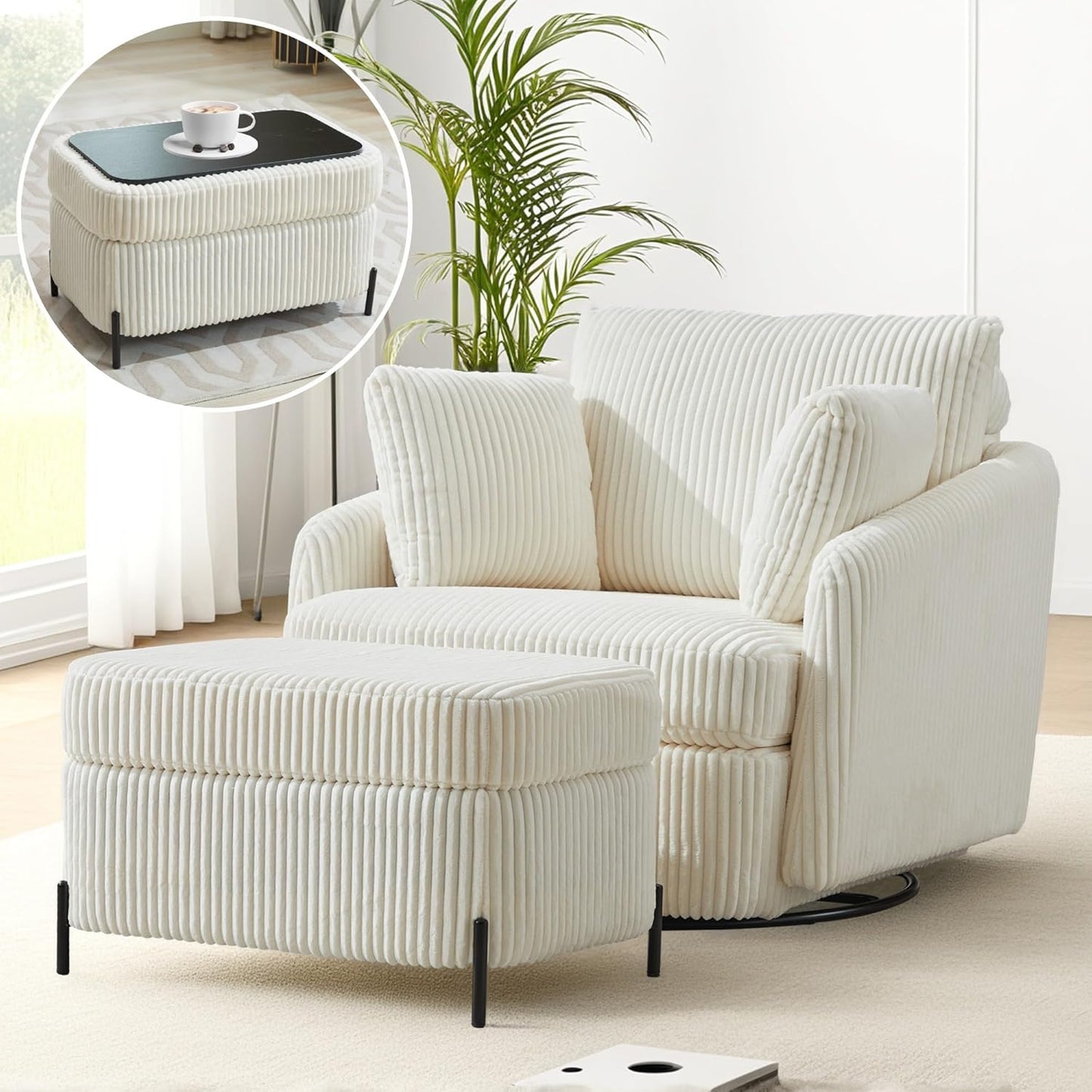 Sinzho & Wiyfun Oversized Swivel Accent Chair with Ottoman Upholstered Large Chenille Arm Chair with 3 Pillows for Living Room, Orange