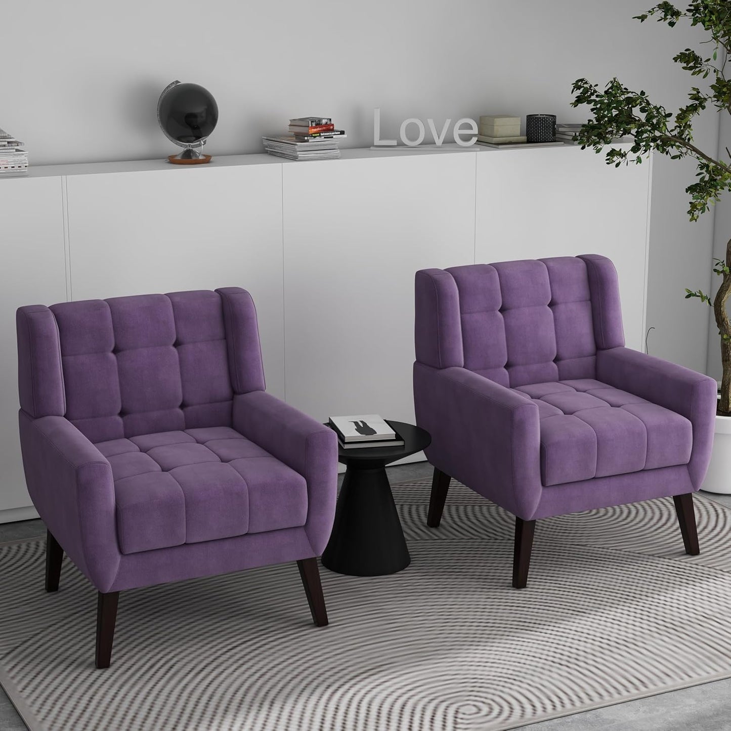 Accent Chairs Set of 2, Modern Fabric Upholstered Armchairs for Living Room, Comfy Arm Chairs Tufted Back and Solid Wood Legs for Bedroom Office Room (Light Blue)