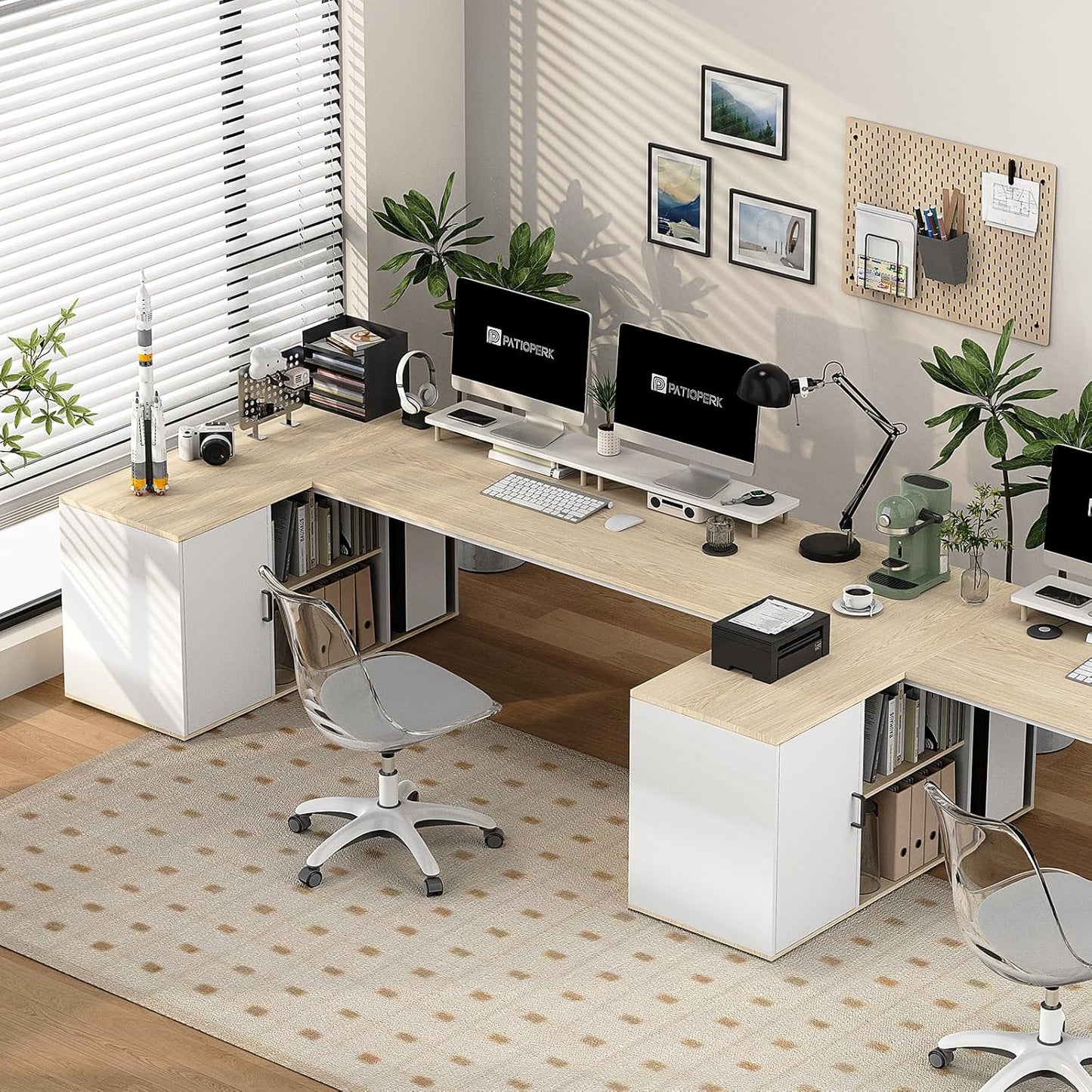 71" L Shaped Executive Desk, Executive Office Desk with File Cabinet and Power Outlet, Large Computer Table with Shelves, Business Furniture Workstation for Home Office (Oak & White)
