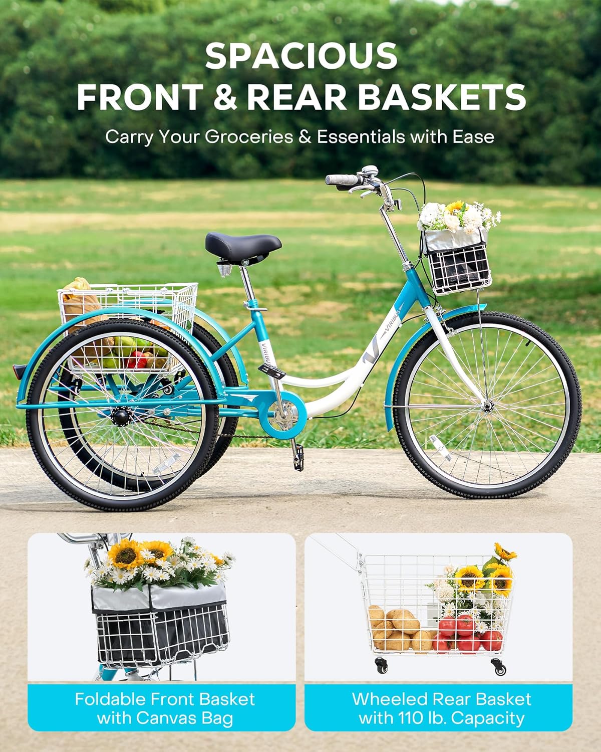 Viribus Adult Tricycle 1 Speed, 3 Wheel Bikes for Adults with Front & Rear Detachable Wheeled Baskets, 26 inch Trike for Seniors Women Men, Three Wheel Bikes 400 lb. Capacity
