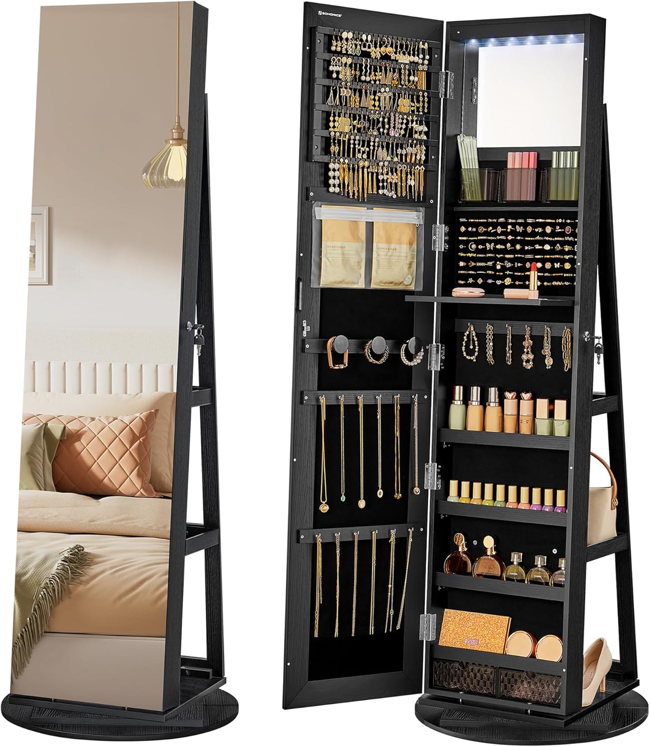 SONGMICS 6 LEDs Lockable Mirror Jewelry Cabinet, 360° Swivel Jewelry Organizer Armoire Standing, Frameless Full-Length Mirror, 3 Storage Shelves, White Surface, Black Lining UJJC007W01