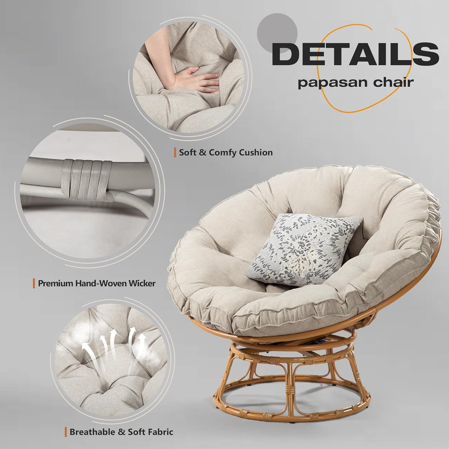 41" Papasan Chair with Cushion and 360 Degree Swivel Base, Papasan Lounge Chair with Cushion and Sturdy Frame, Large Saucer Chair, Circle Chair, Round Chair, Bronze/Beige