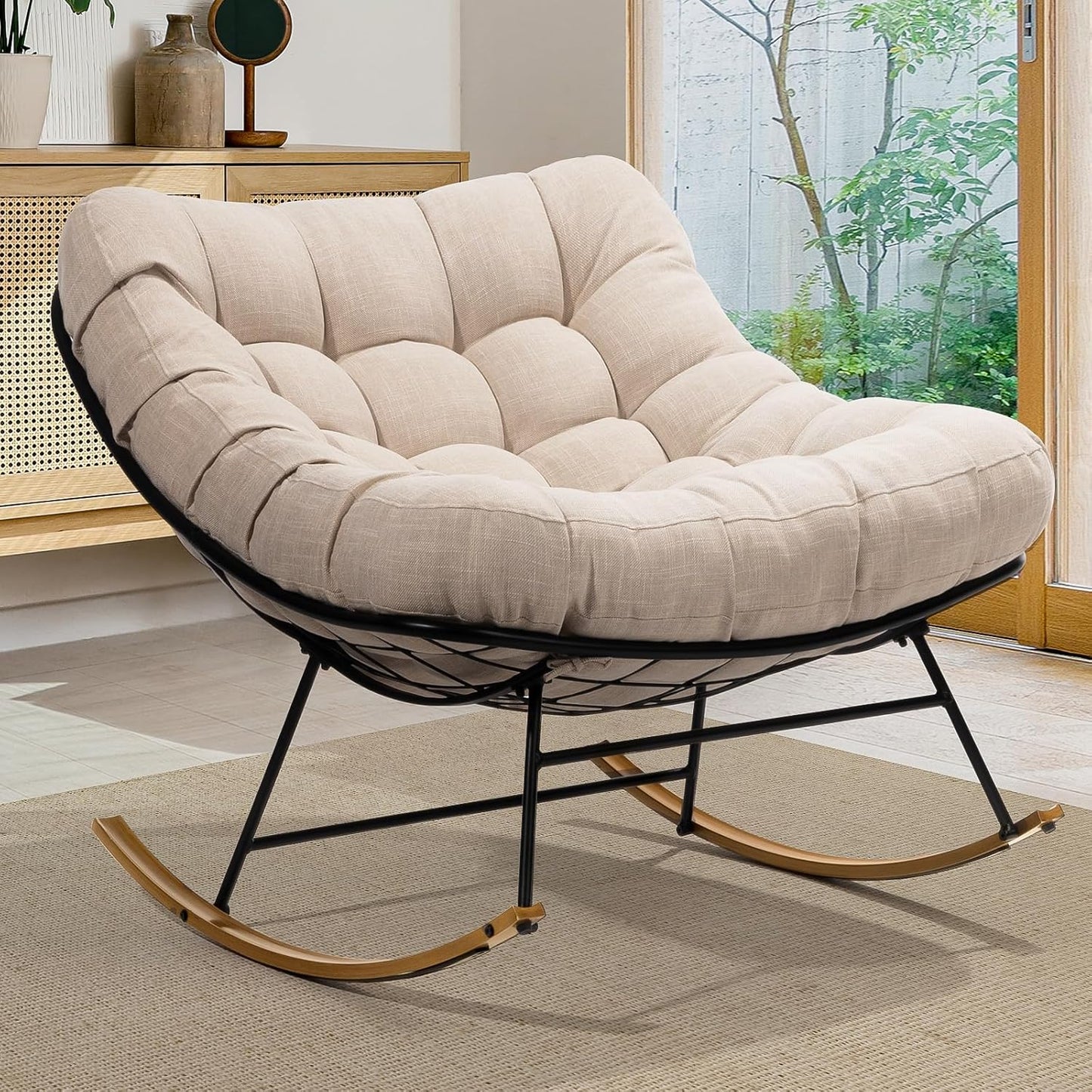 Bme Rocking Chair Outdoor & Indoor, Metal ounge Rocking Chair with Thick Cushion, Modern Rocker Chair for Living Room, Porch, Backyard, Beige Cushion - Wood Texture Rocker