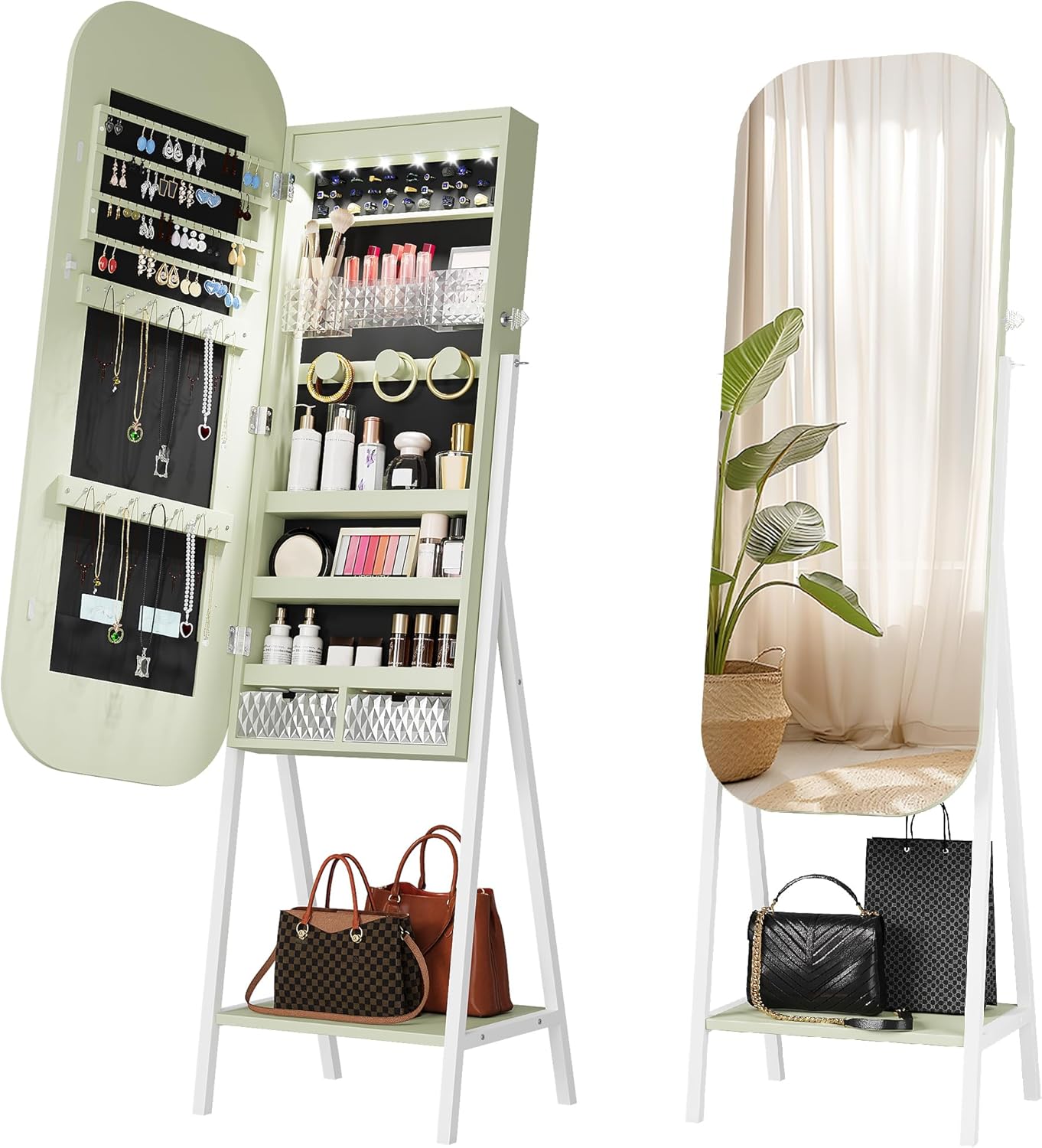 360° Swivel Jewelry Cabinet with Lights - RGB Vanity Mirror | Rotatable Full Length Mirror with Jewelry Storage, Standing Jewelry Armoire Organizer, Foldable Makeup Shelf Ideal Gift (White)