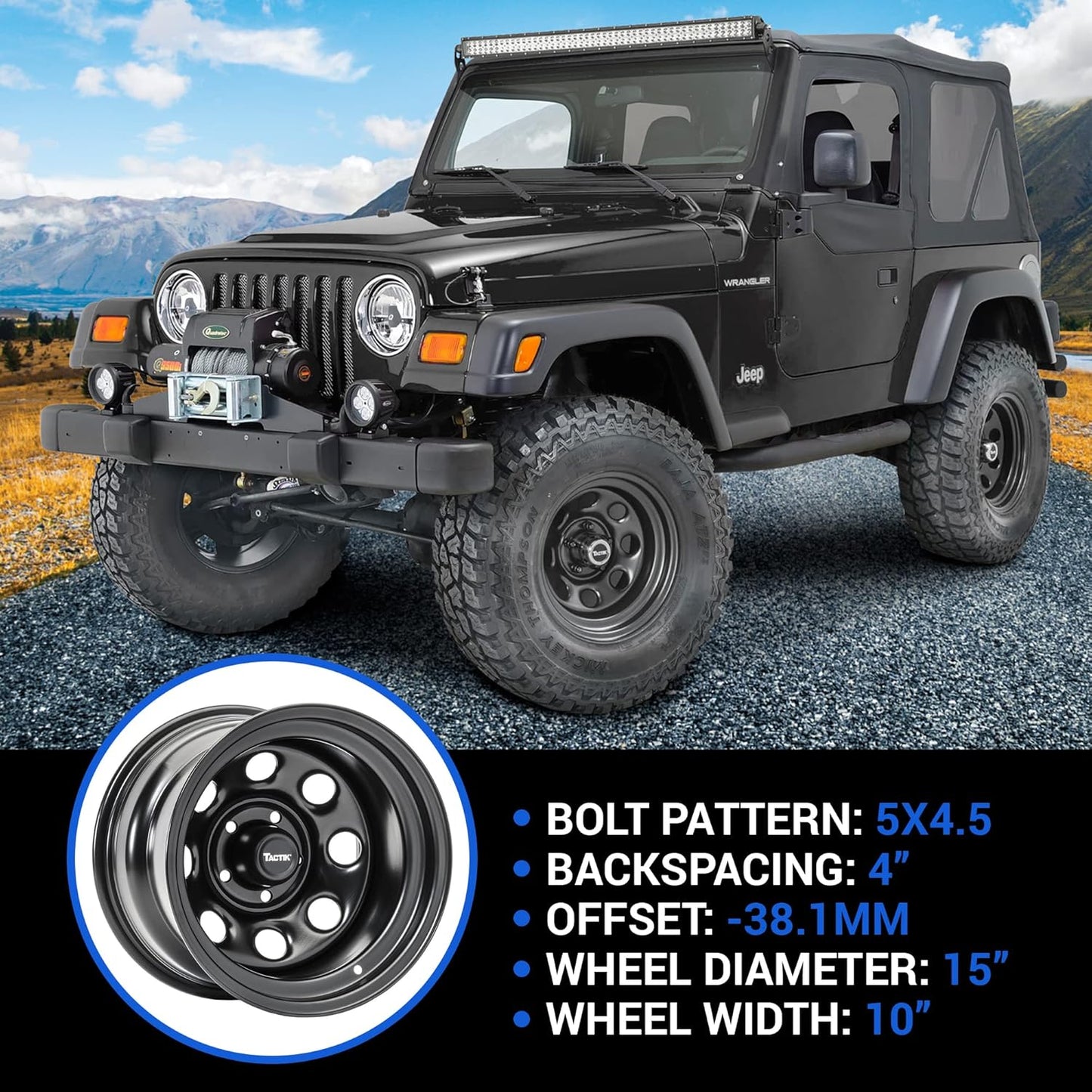 TACTIK Circle 8 Classic 15 Inch Solid Steel Wheel, Black - 15x10, 5x4.5 Bolt Pattern (-38.1mm Offset), 4" Backspace - Fits Jeep 1984-2006 Wrangler, Wagoneer, Comanche, Grand Cherokee TJ YJ MJ ZJ XJ LJ