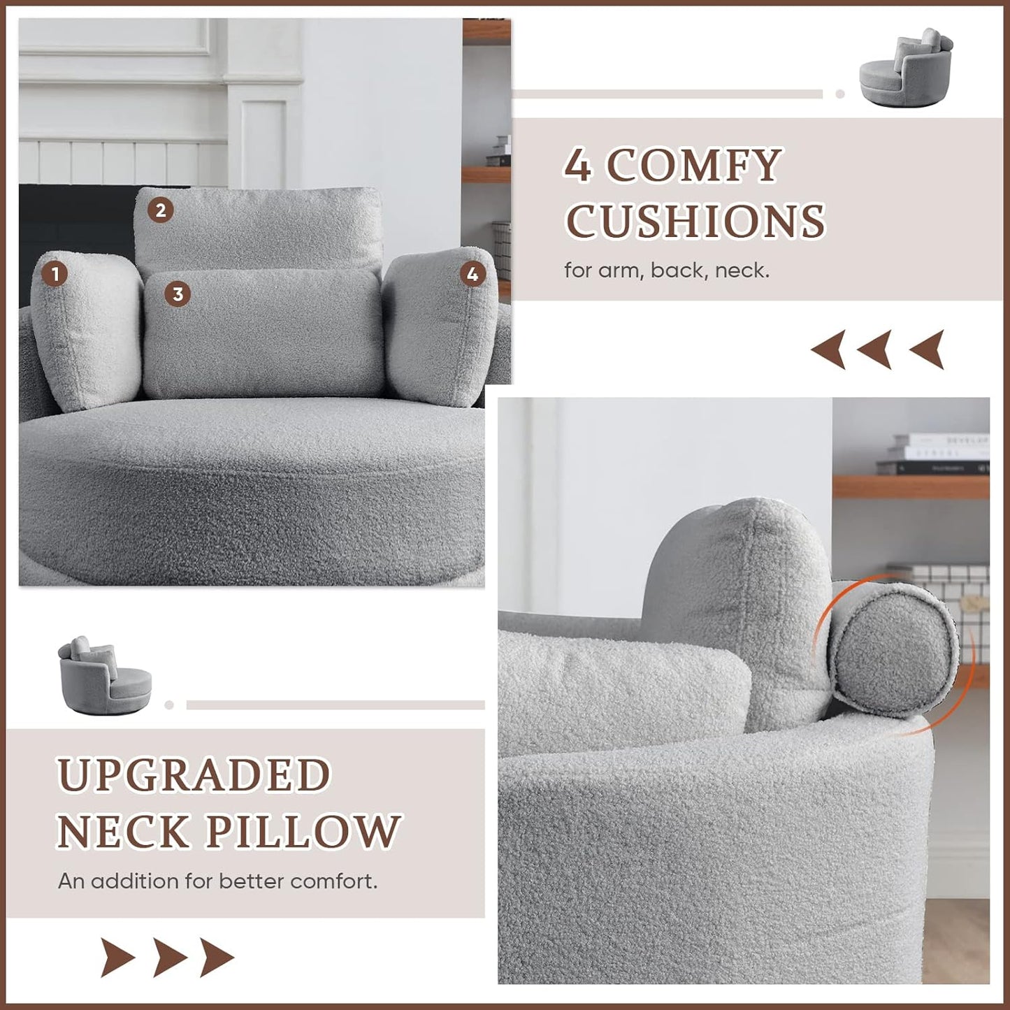 Antetek Swivel Barrel Chair with Storage Ottoman, Club 360 Degree Single Swivel Sofa, Modern Leisure Arm Chair with Head & Back Pillows for Nursery, Living Room, Office, Grey Teddy