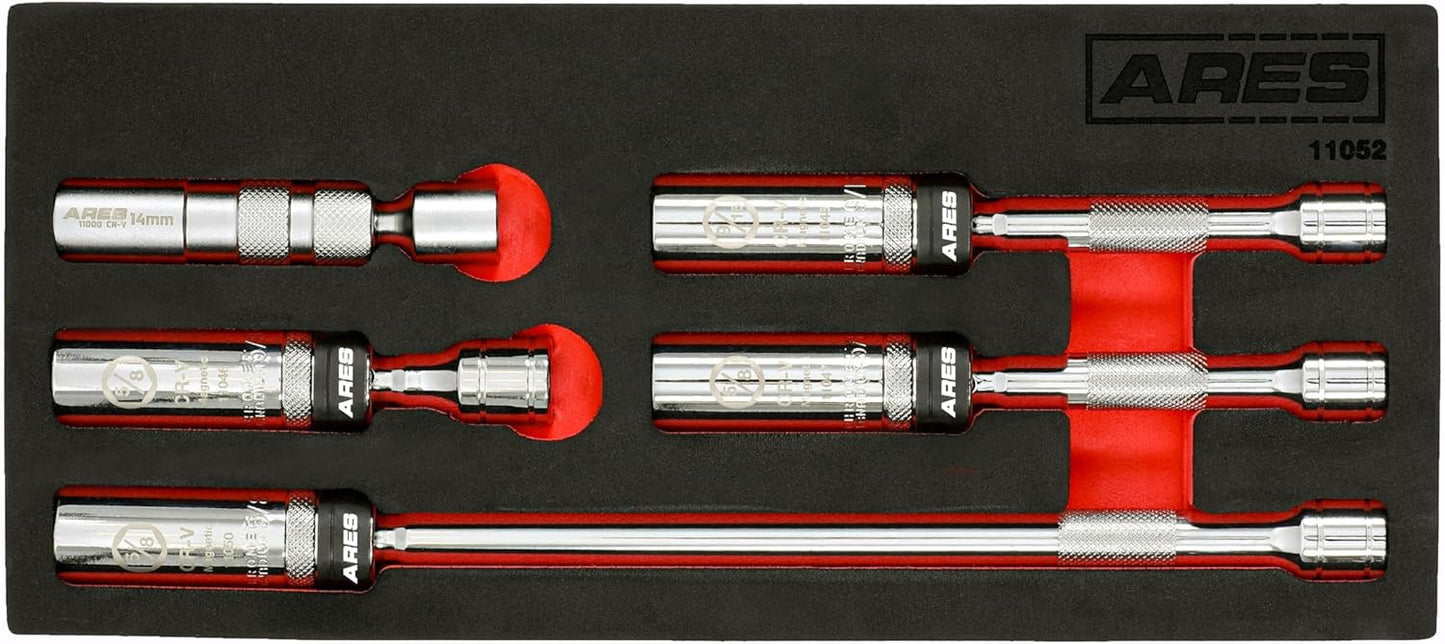 ARES 11052-5-Piece Magnetic Swivel Spark Plug Socket Set - 14mm Thin Wall Socket, 9/16 6-inch Extension Socket, and 5/8 Sockets with 4-, 6-, and 10-inch Extensions – Heavy Duty Retaining Ring