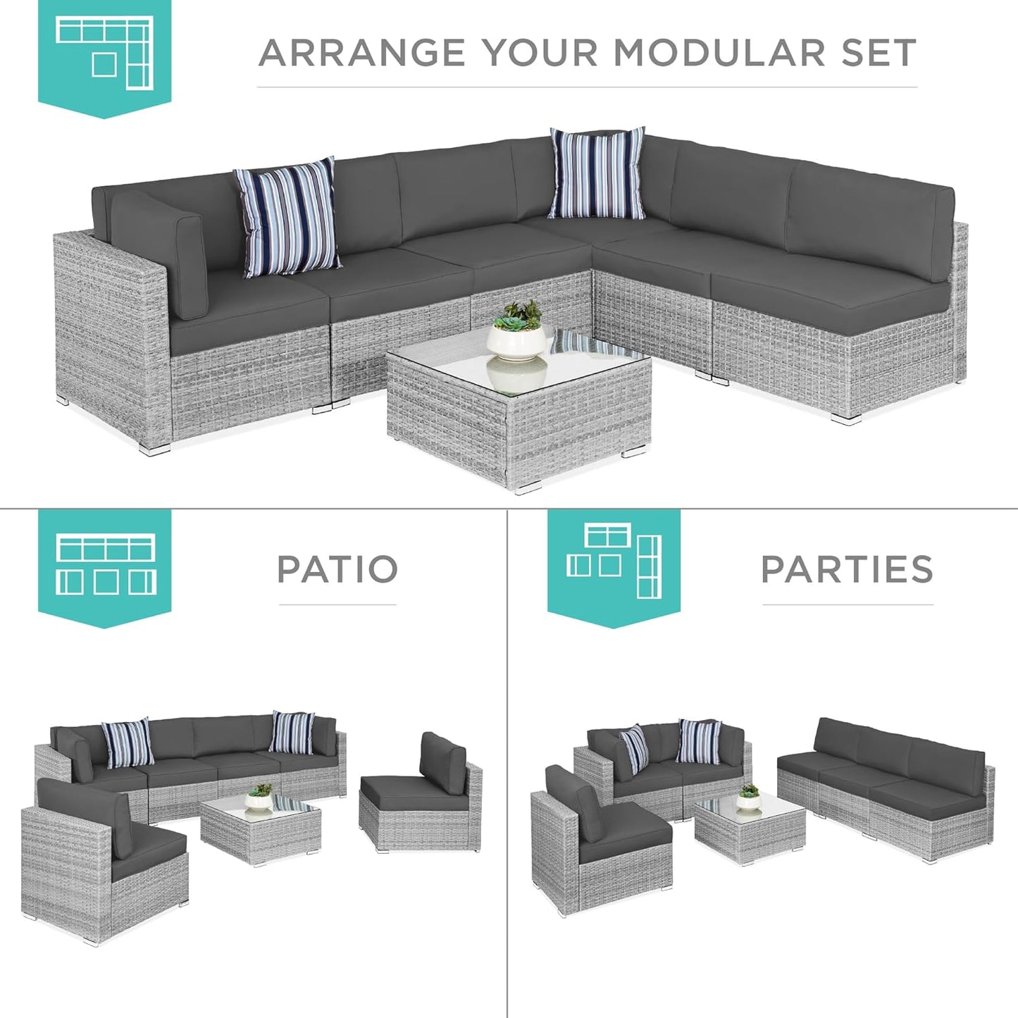 Best Choice Products 7-Piece Modular Outdoor Sectional Wicker Patio Conversation Set w/ 2 Pillows, Coffee Table, Cover Included - Gray/Gray
