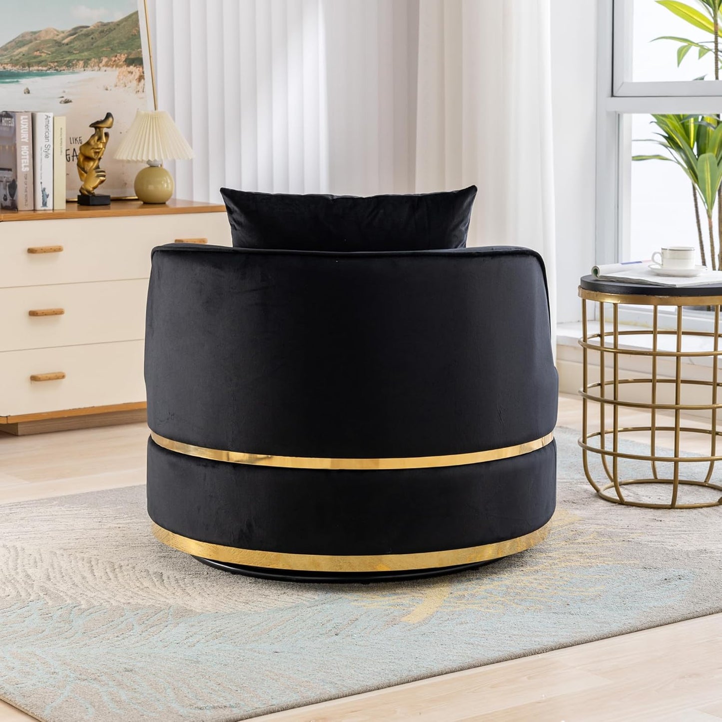 Ball & Cast 360°Swivel Accent Chair with Pillow,Velvet Upholstered Oversized Barrel Chair with Seat Cushion for Reading,Movies,Nap in Living Room,Bedroom,Apartment,Black