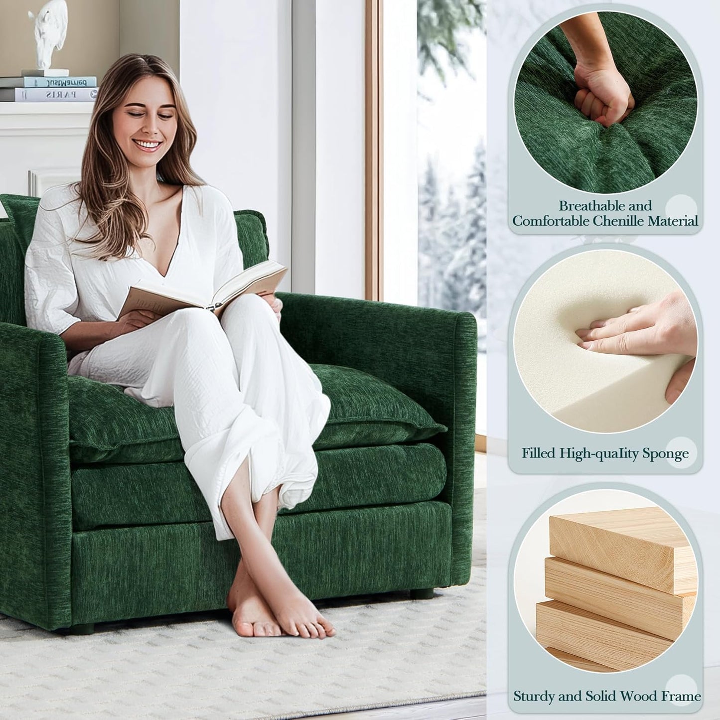 SLEERWAY Oversized Comfy Cloud Couch Accent Lounge Chair Set, Modern Living Room & Bedroom, Green
