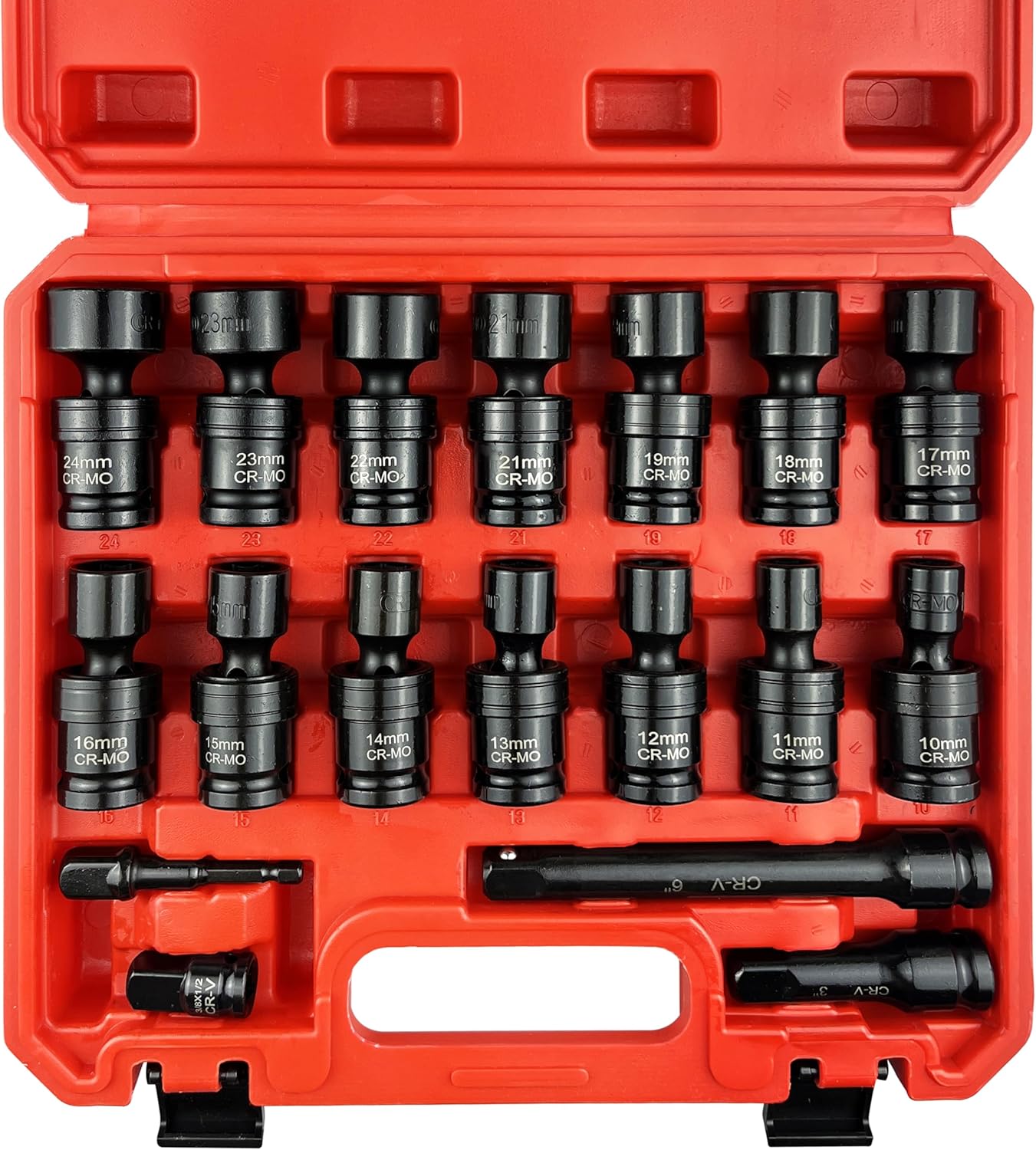64pcs 3/8" Socket Set,Drive Impact Socket Set, SAE/Metric, Deep & Shallow, Cr-V Steel, 6 Point with Adapters, 72T Ratchet Handle, Extension Bars,Bit Adapter,6-24mm,5/16-1 inch