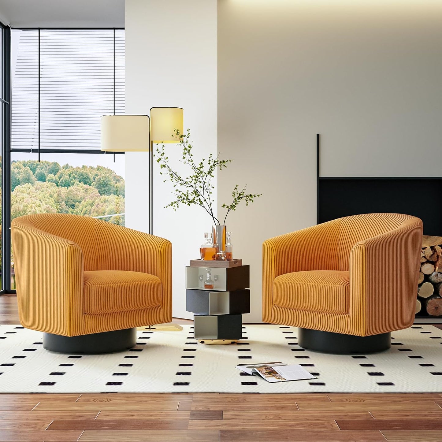 Swivel Accent Chairs Set of 2, 360° Bucket Chair, Modern Upholstered Barrel Armchair, Comfy Corduroy Single Sofa for Living Room Bedroom. Forest Green