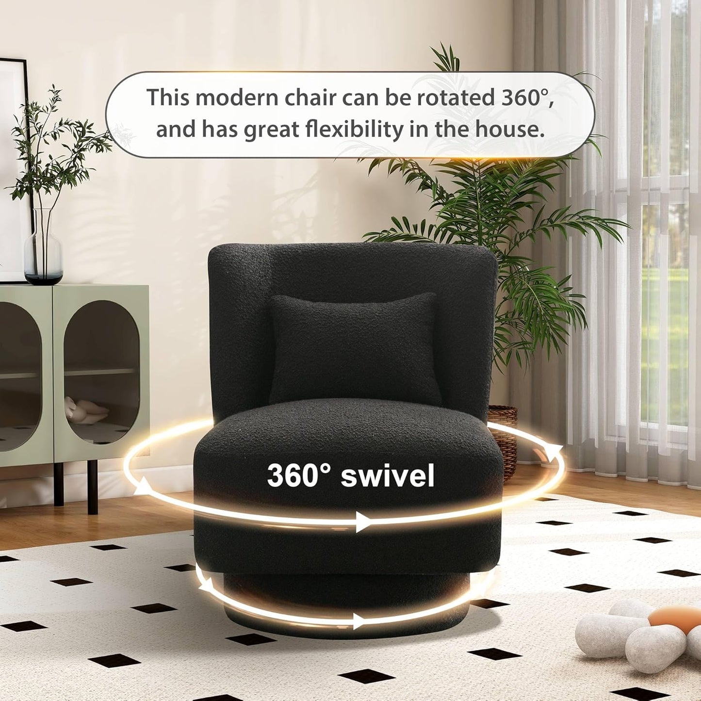 Aoiy & Wifon 23.6" W Comfy Swivel Accent Chair, Modern Living Room Accent Chair, 360 Degree Swivel Barrel Chairs for Living Room, Boucle, Black, 2PACK
