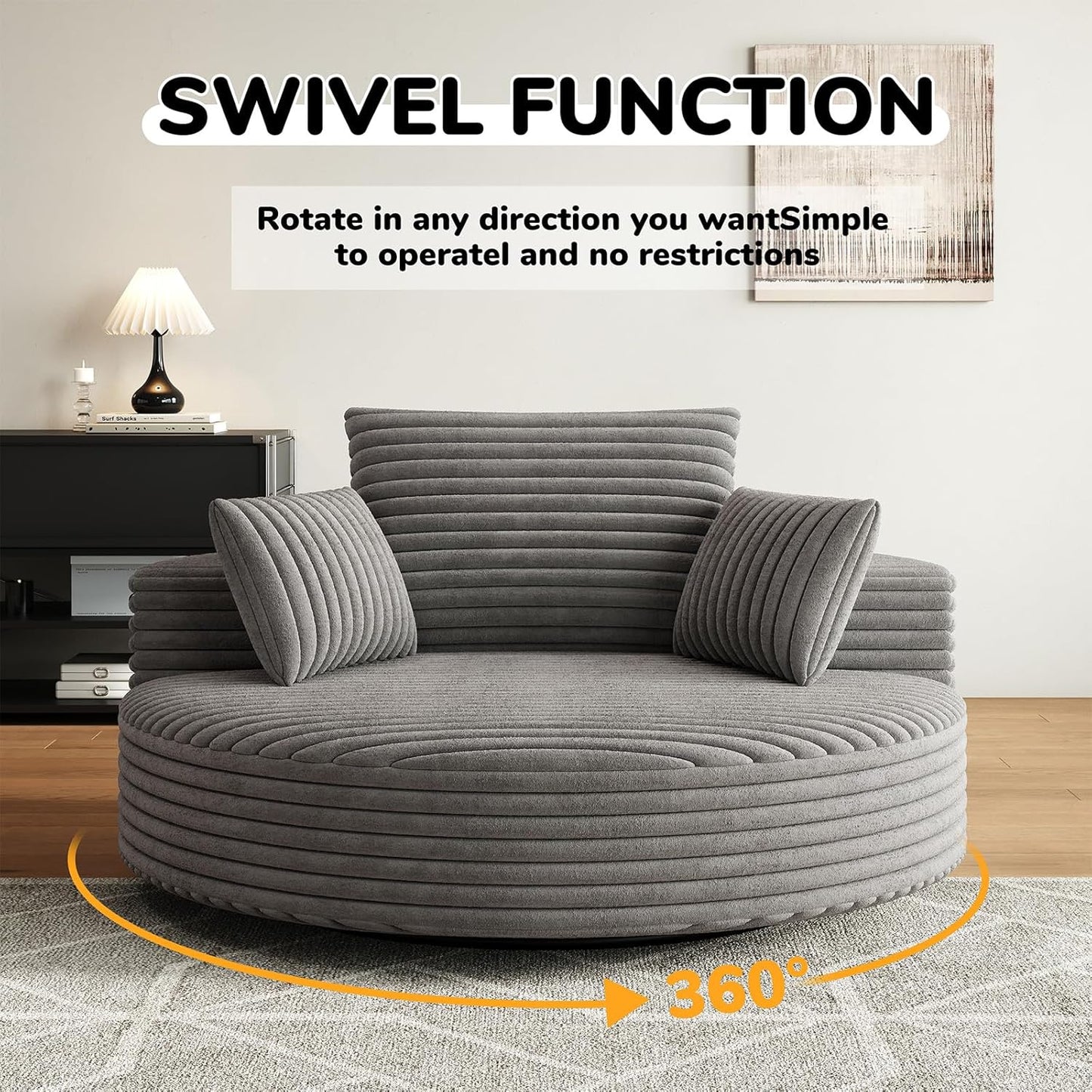 55 inch 360° Swivel Accent Chair, Chaise Lounge Chair Indoor Oversized Round Swivel Accent Chair Modern Corduroy Single Sofa Chair Deep Seat Chair for Living Room Bedroom Apartment, Grey