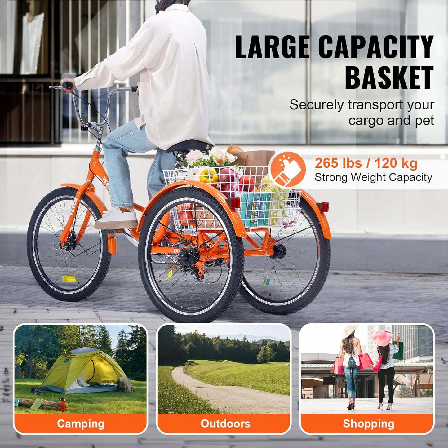 VEVOR Folding Adult Tricycle,Adult Folding Trikes, 3 Wheel Cruiser Bike with Large Basket & Adjustable Seat, Shopping Picnic Foldable Tricycles for Women, Men, Seniors