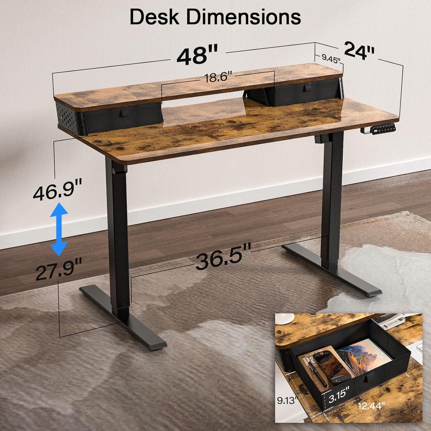 48"x 24" Standing Desk with Drawers, Easy Assembly Design, Adjustable Height Sit Stand Up Desk, Home Office Table with C-Clamp Mount Compatible, 3 Preset Heights & 2 Hooks(Rustic Brown)