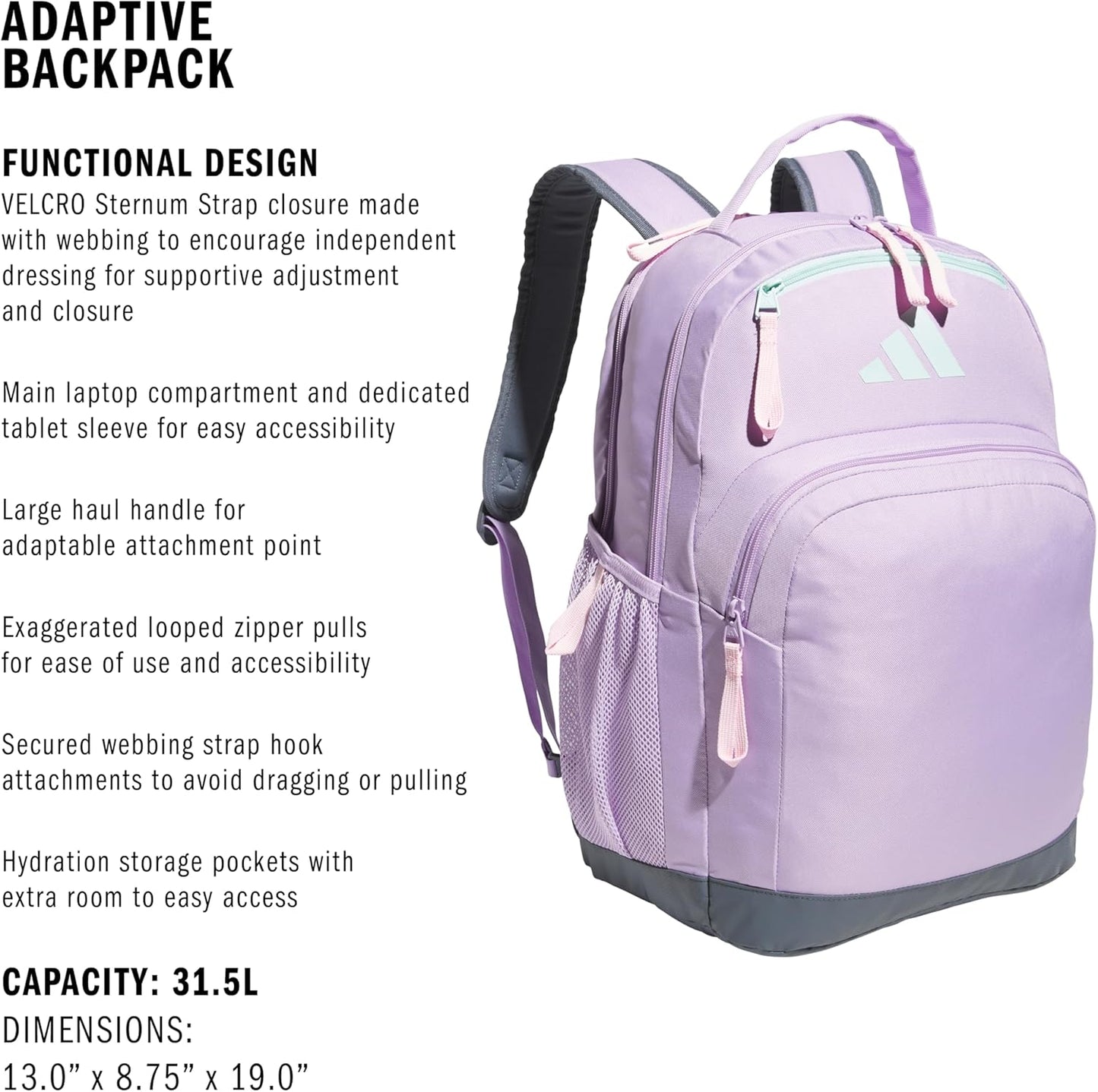 adidas Unisex Adaptive Backpack large size with features for independent dressing and ease of use, Powder Plum Purple/Semi Flash Aqua Blue/Clear Pink, One Size
